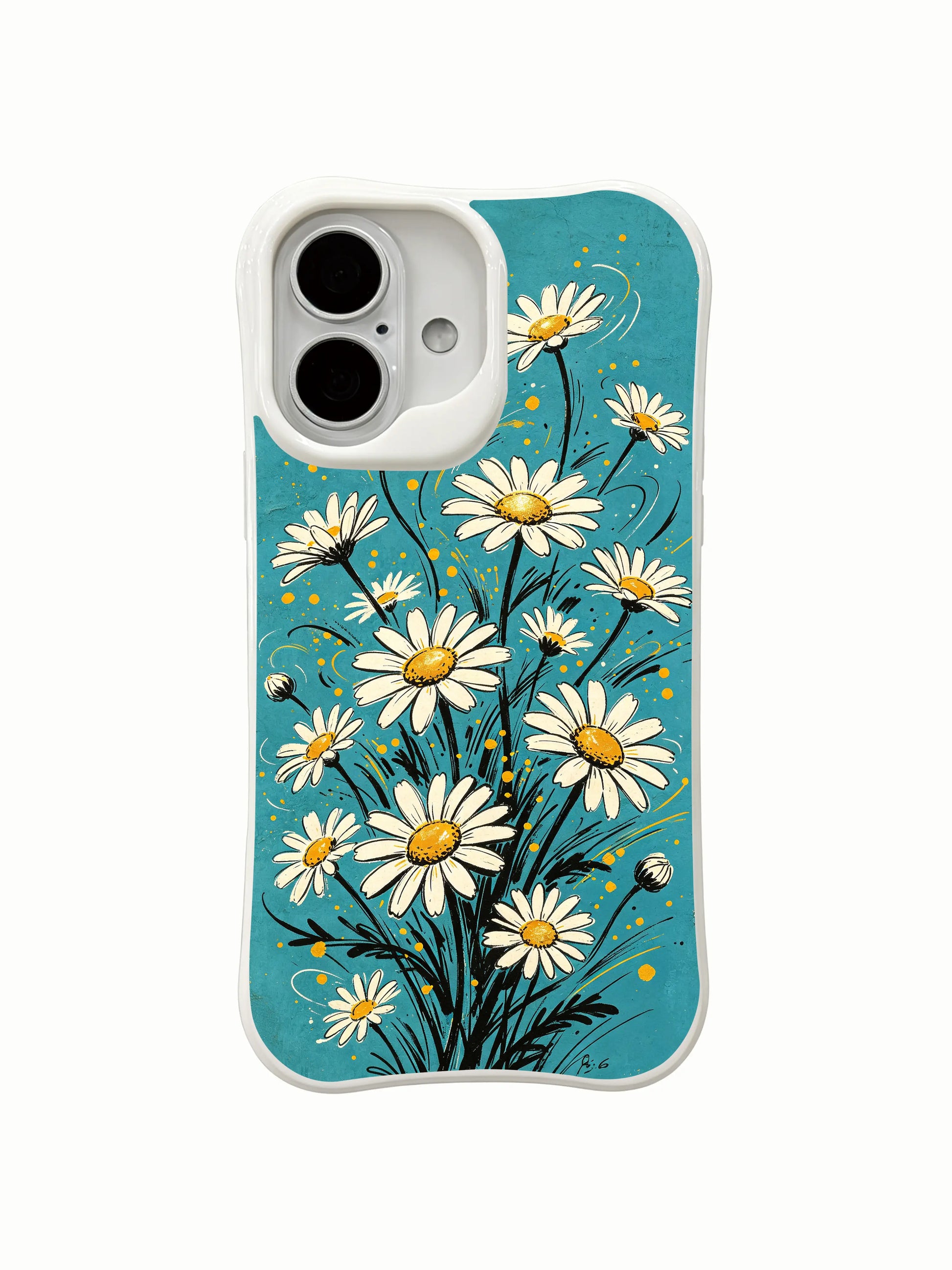 Exquisite hand-drawn dancing daisies on this PhoneCasing iPhone 16 Plus Case, original artist artwork.