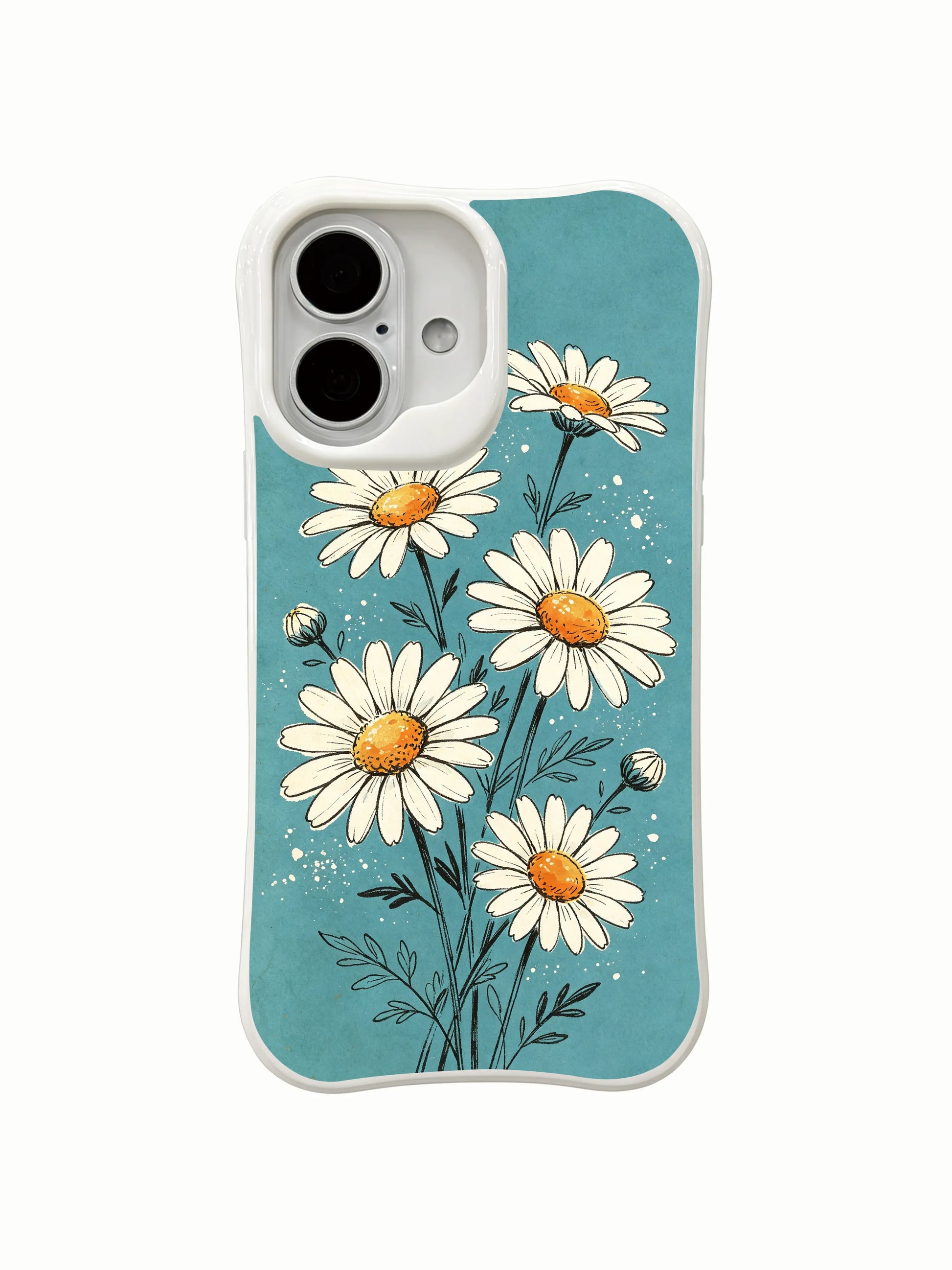 Handwritten ink-style daisy illustration on this PhoneCasing iPhone 16 Plus Case, warm and emotional botanical design.