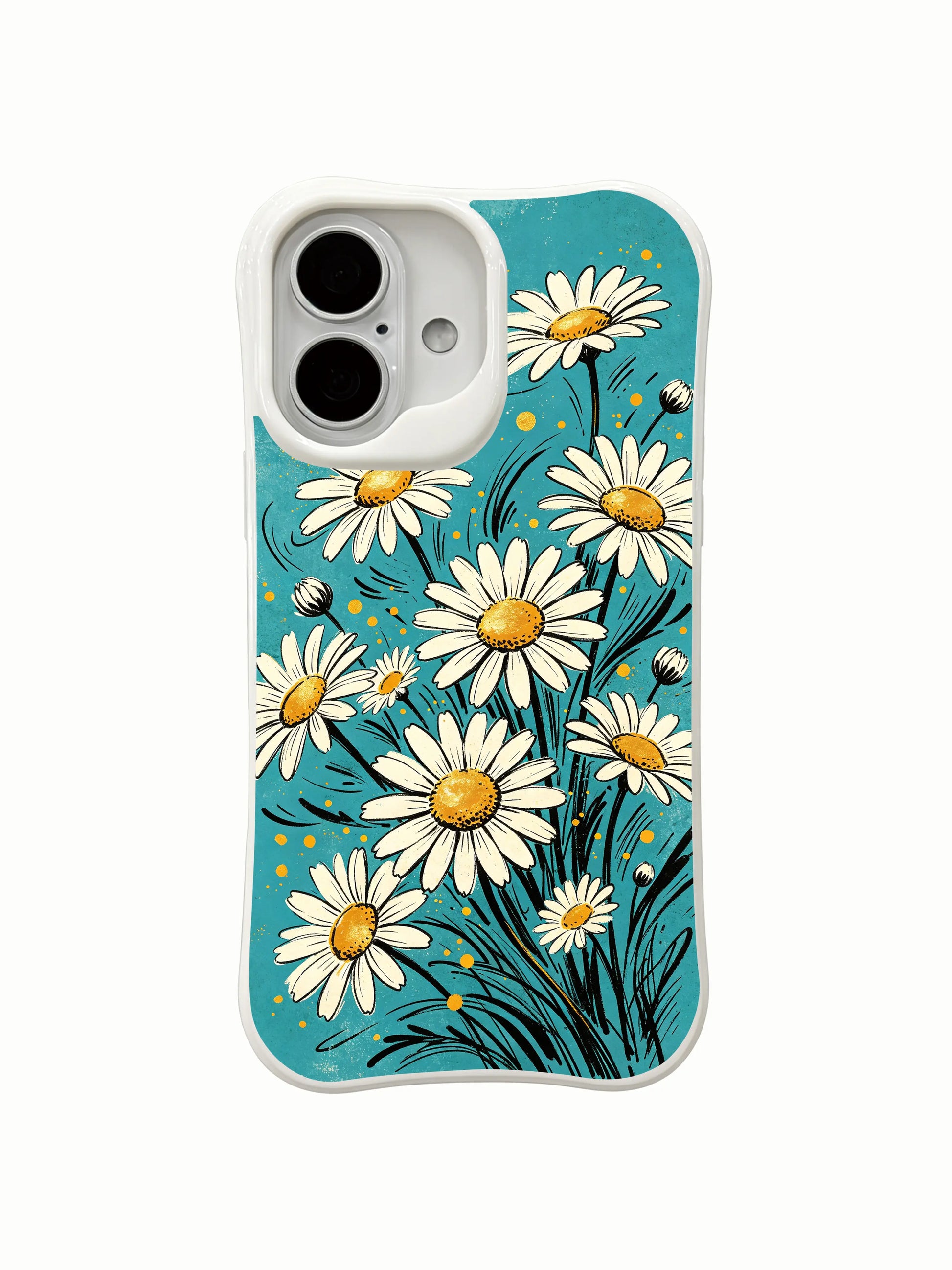 Joyful floral dance scene on this PhoneCasing iPhone 16 Plus Case, expressive art of free growing daisies.