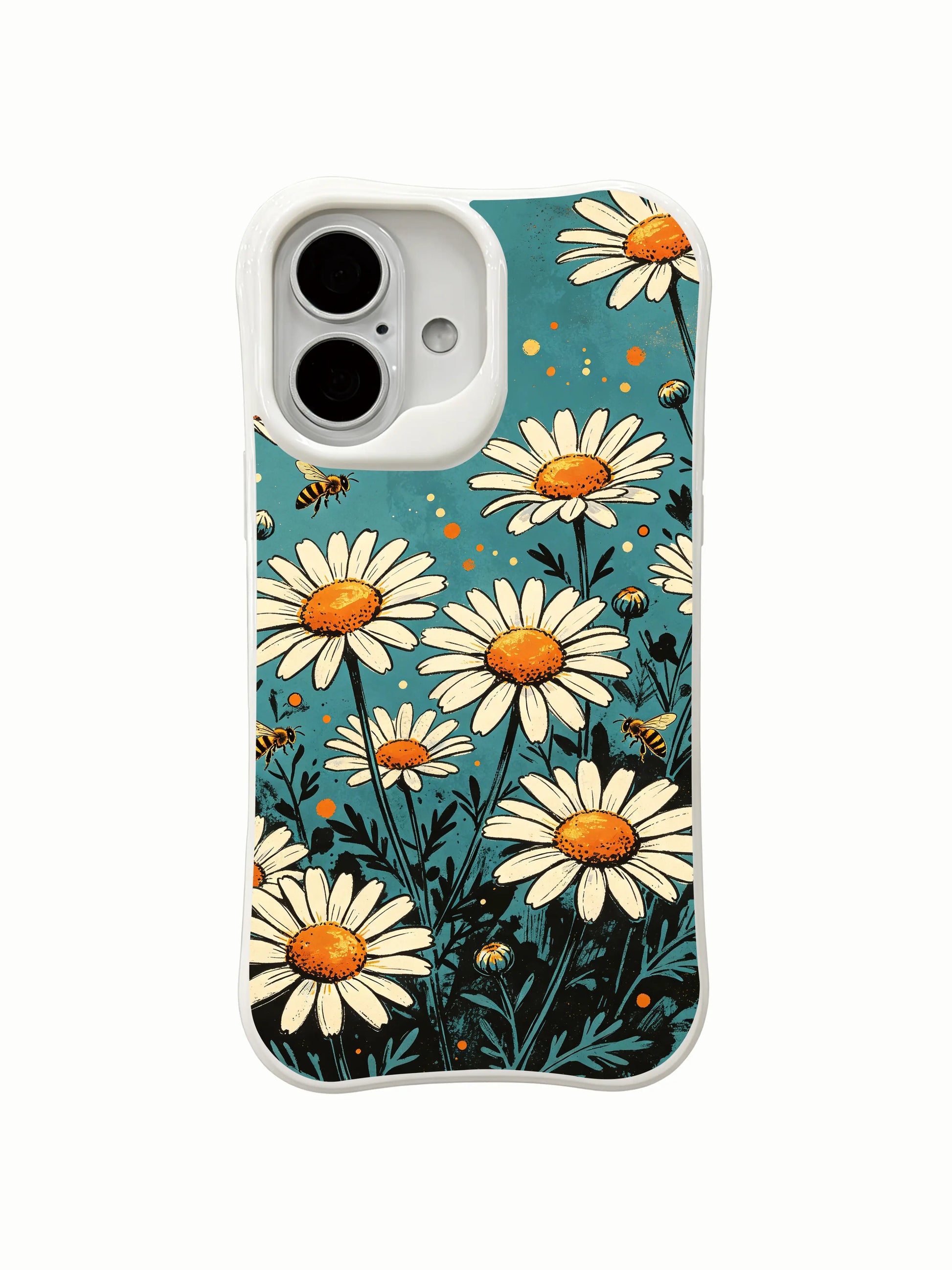 Morning Light Bees wearable art on this PhoneCasing iPhone 16 Plus Case, crafted in California with vibrant details.