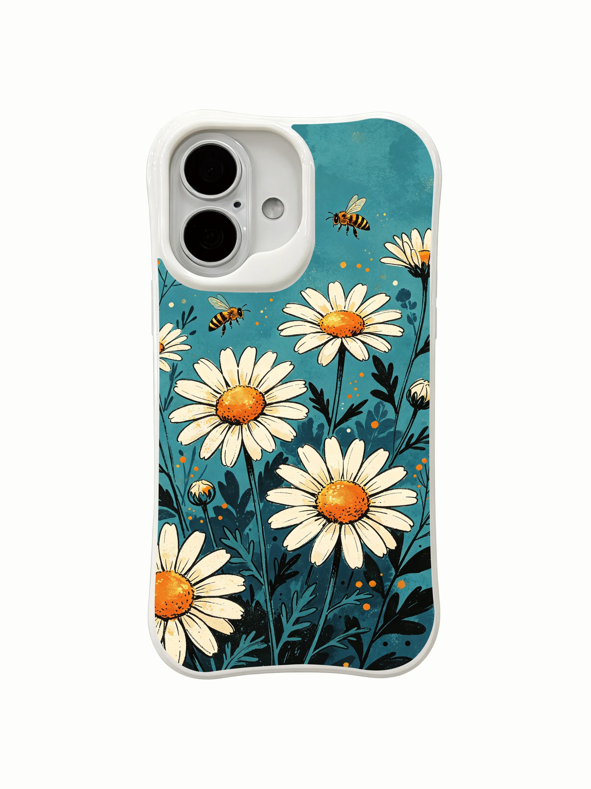 Pollen-Kissed Daisies art by Mira Bloomwell on this PhoneCasing iPhone 16 Plus Case, perfect for fans of whimsical morning nature themes.
