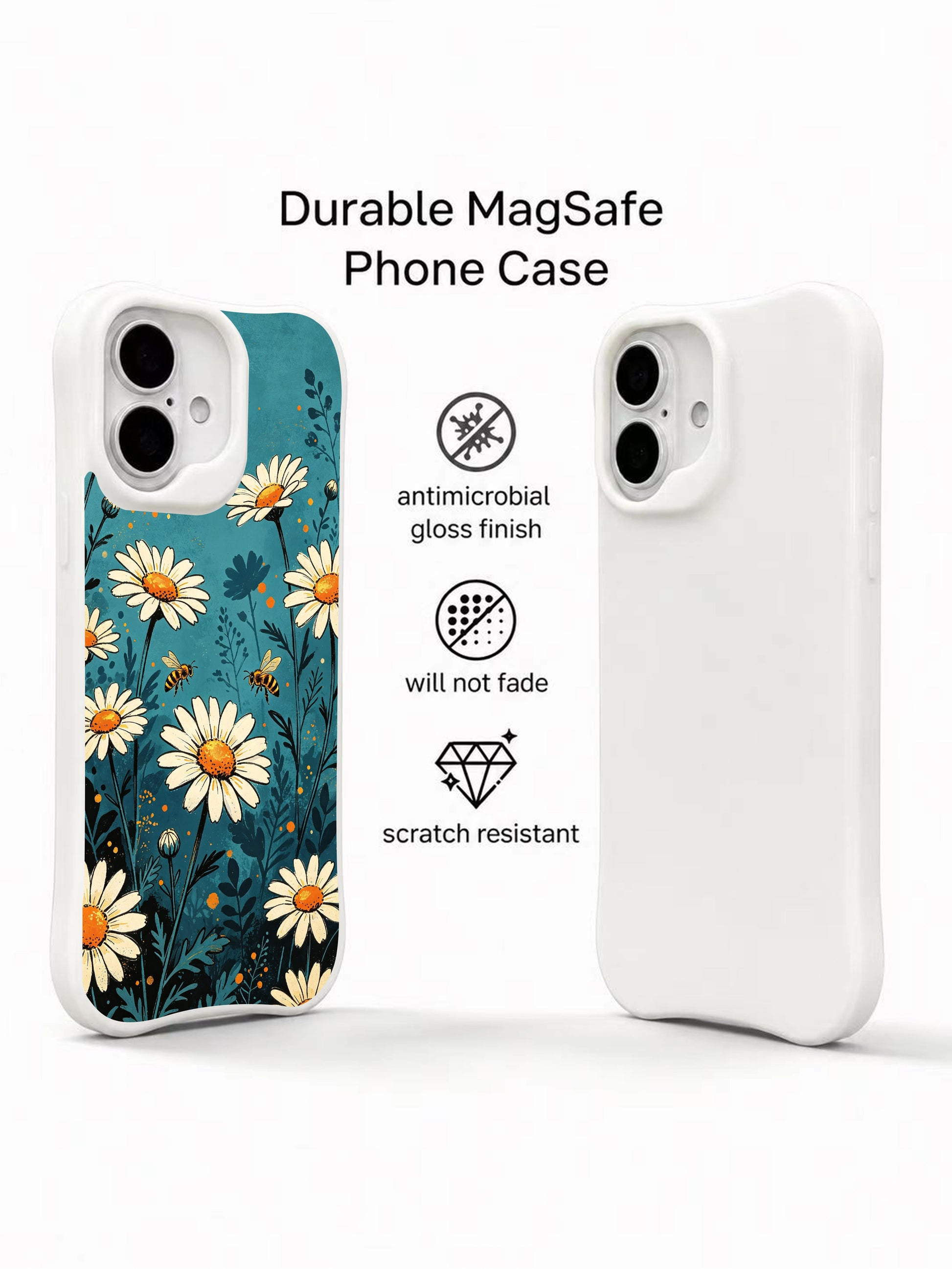 Sunrise Daisy Meadow art by Mira Bloomwell on this PhoneCasing iPhone 16 Plus Case, a serene floral wearable fine art piece.