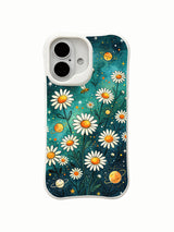 Night Meadow Galaxy illustration on this PhoneCasing iPhone 16 Plus Case, featuring vibrant daisies and busy bees.