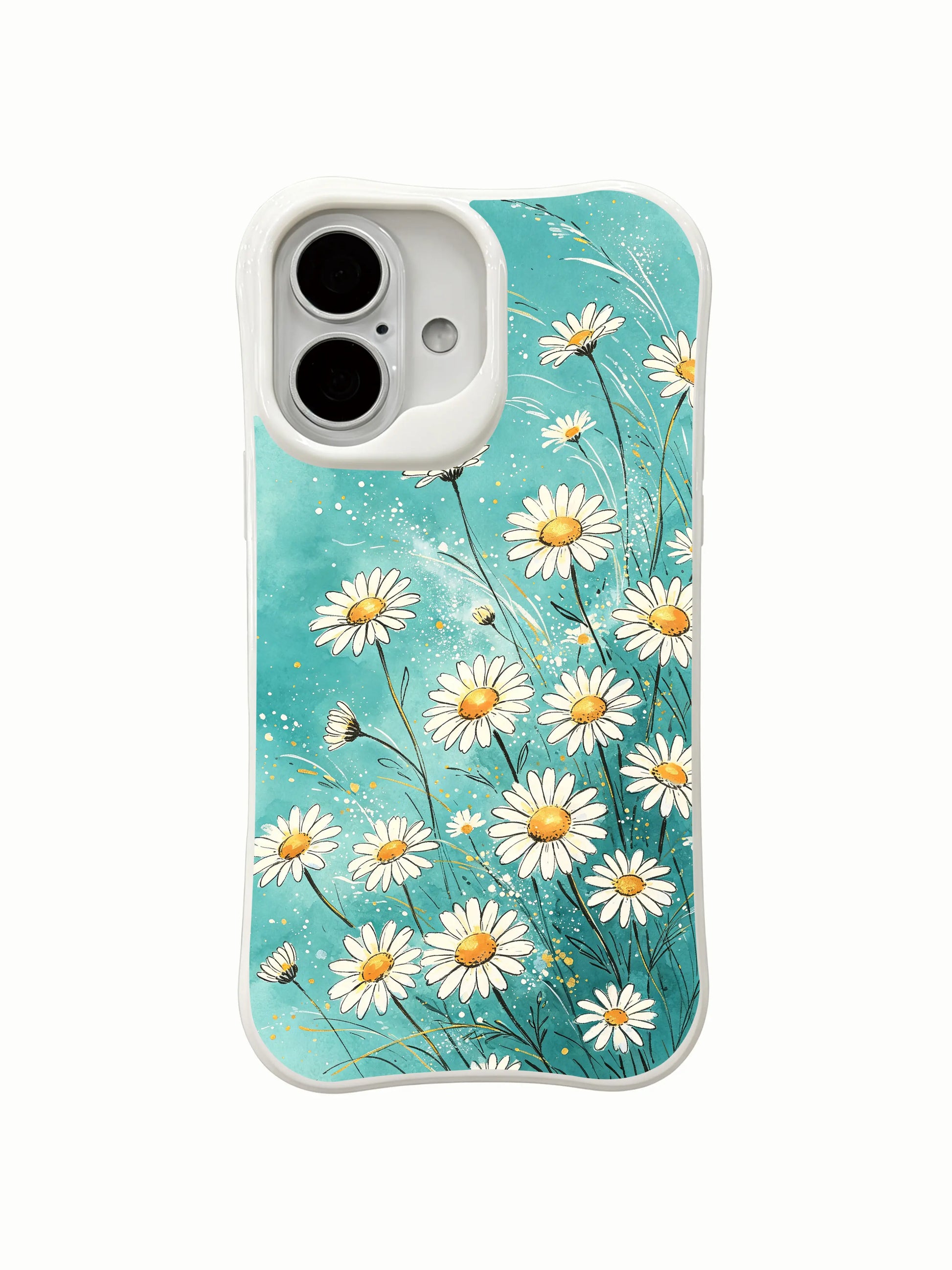 Premium scratch-resistant coastal daisy art on this PhoneCasing iPhone 16 Plus Case, fade-resistant print of wind-blown blooms.