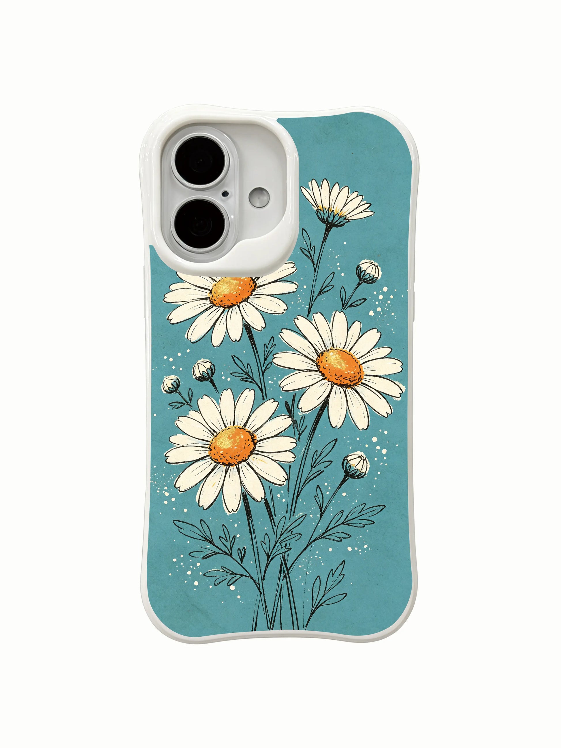 Premium scratch-resistant daisy art on this PhoneCasing iPhone 16 Plus Case, fade-resistant print of Flowers on Blue Letter.