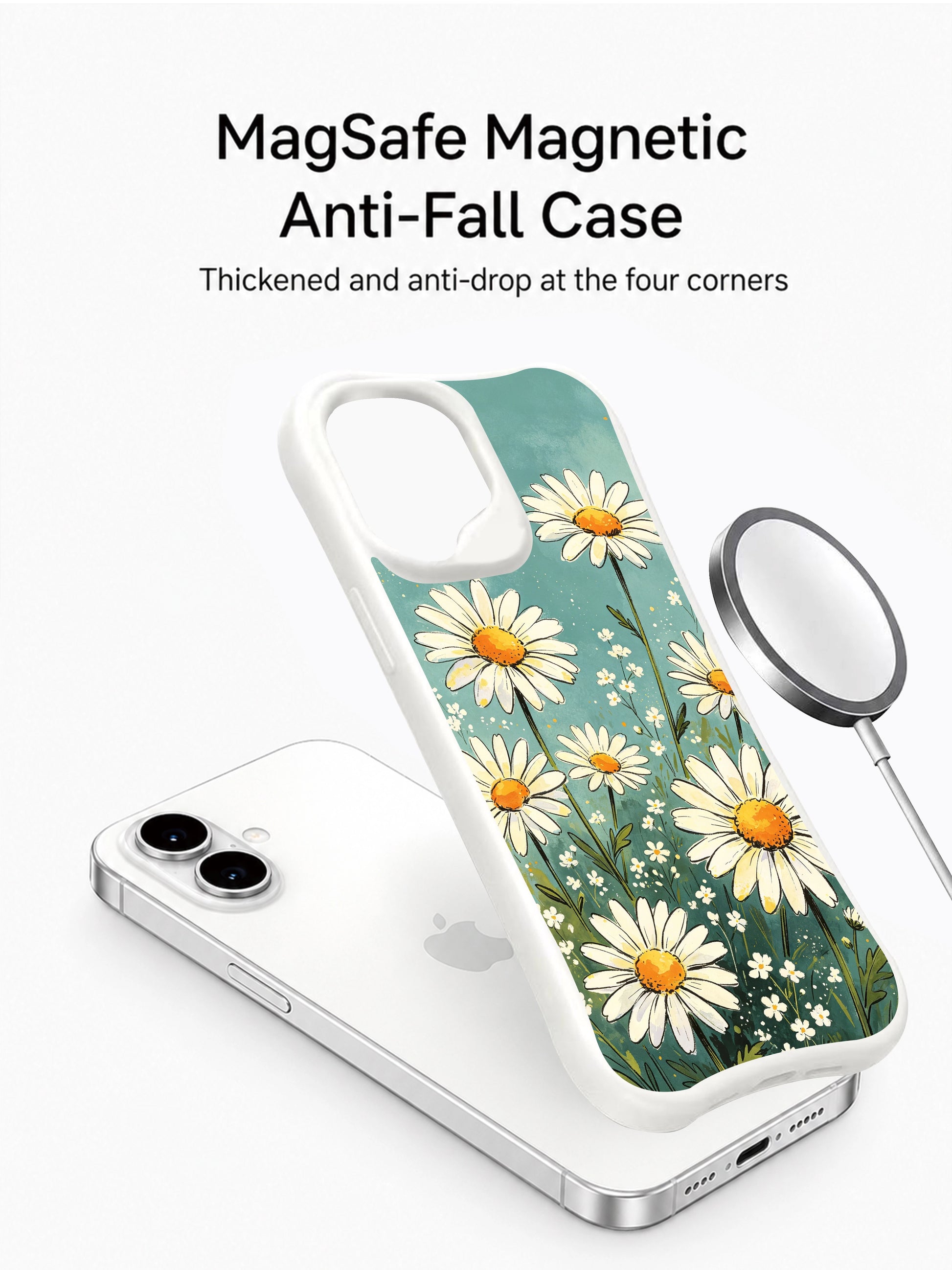 Soft Daisy Meadow wearable art by Mira Bloomwell on this PhoneCasing iPhone 16 Plus Case, crafted in California with vibrant details.