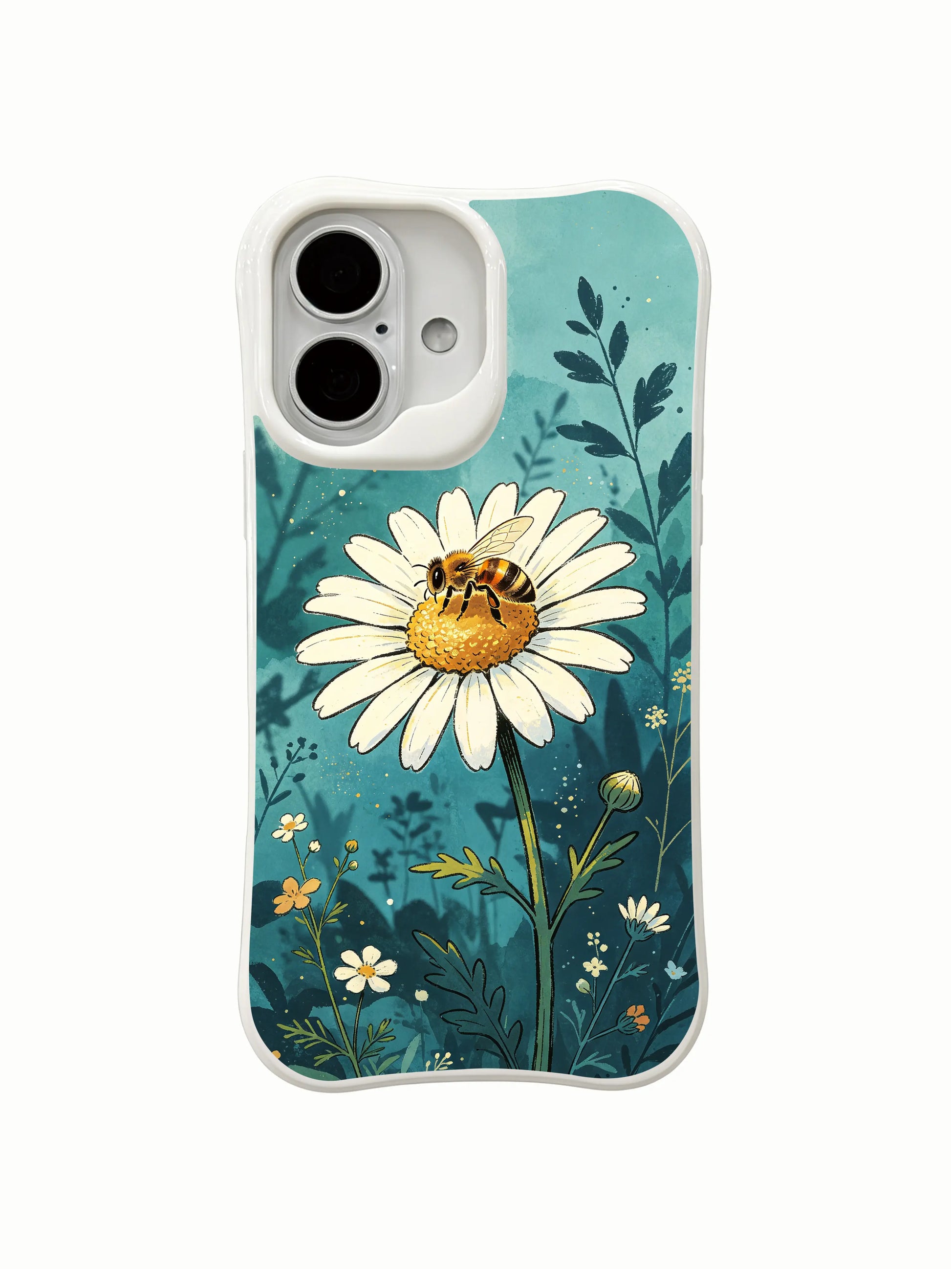 Soft teal floral silhouette design on this PhoneCasing iPhone 16 Plus Case, elegant nature art for daily use.