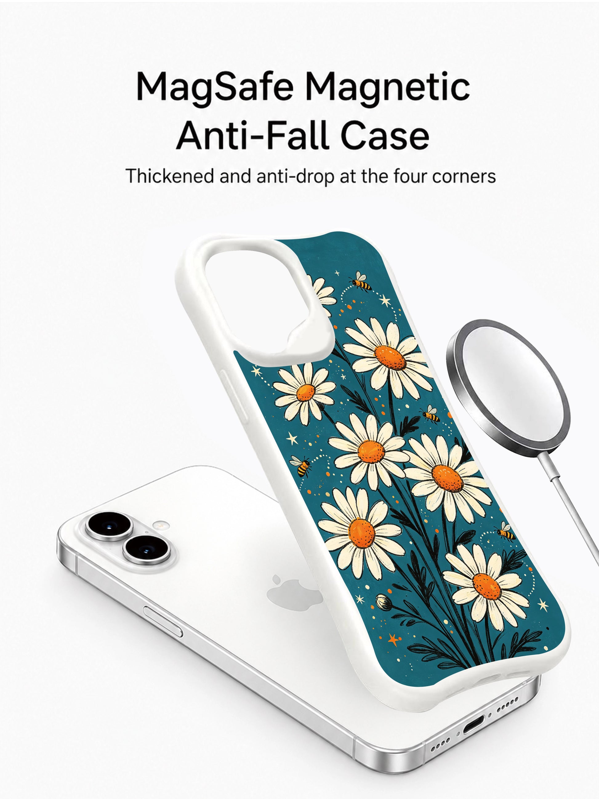 Starry Daisy Meadow wearable art by Mira Bloomwell on this PhoneCasing iPhone 16 Plus Case, crafted in California with vibrant details.