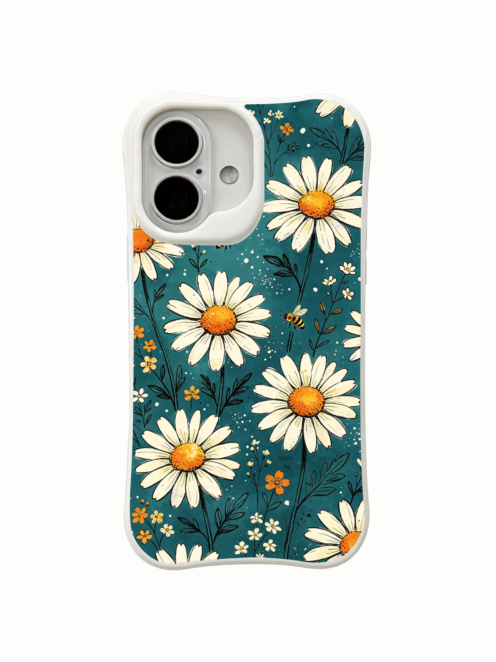 Summer Meadow Buzz illustration on this PhoneCasing iPhone 16 Plus Case, capturing the rhythm of bees and daisies in a teal garden.