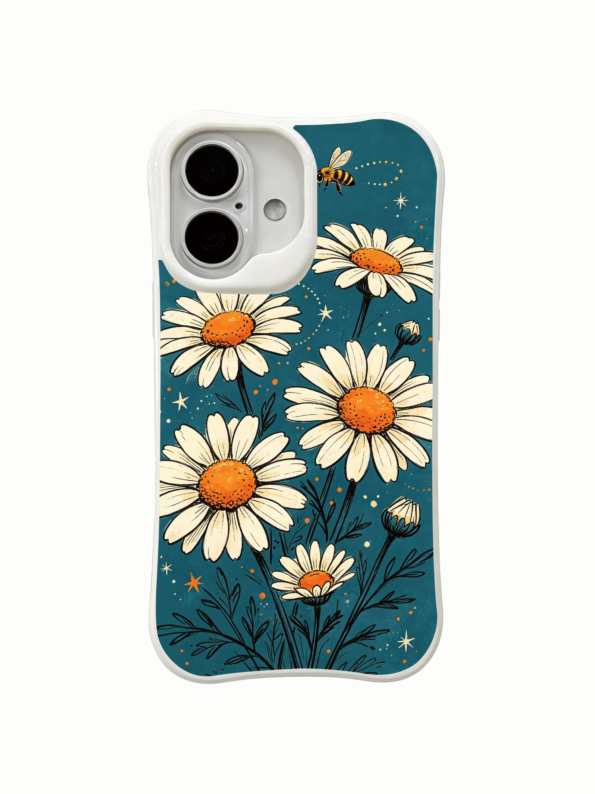 Dreamy Summer Night Garden wearable art on this PhoneCasing iPhone 16 Plus Case, featuring bees and blooming daisies.