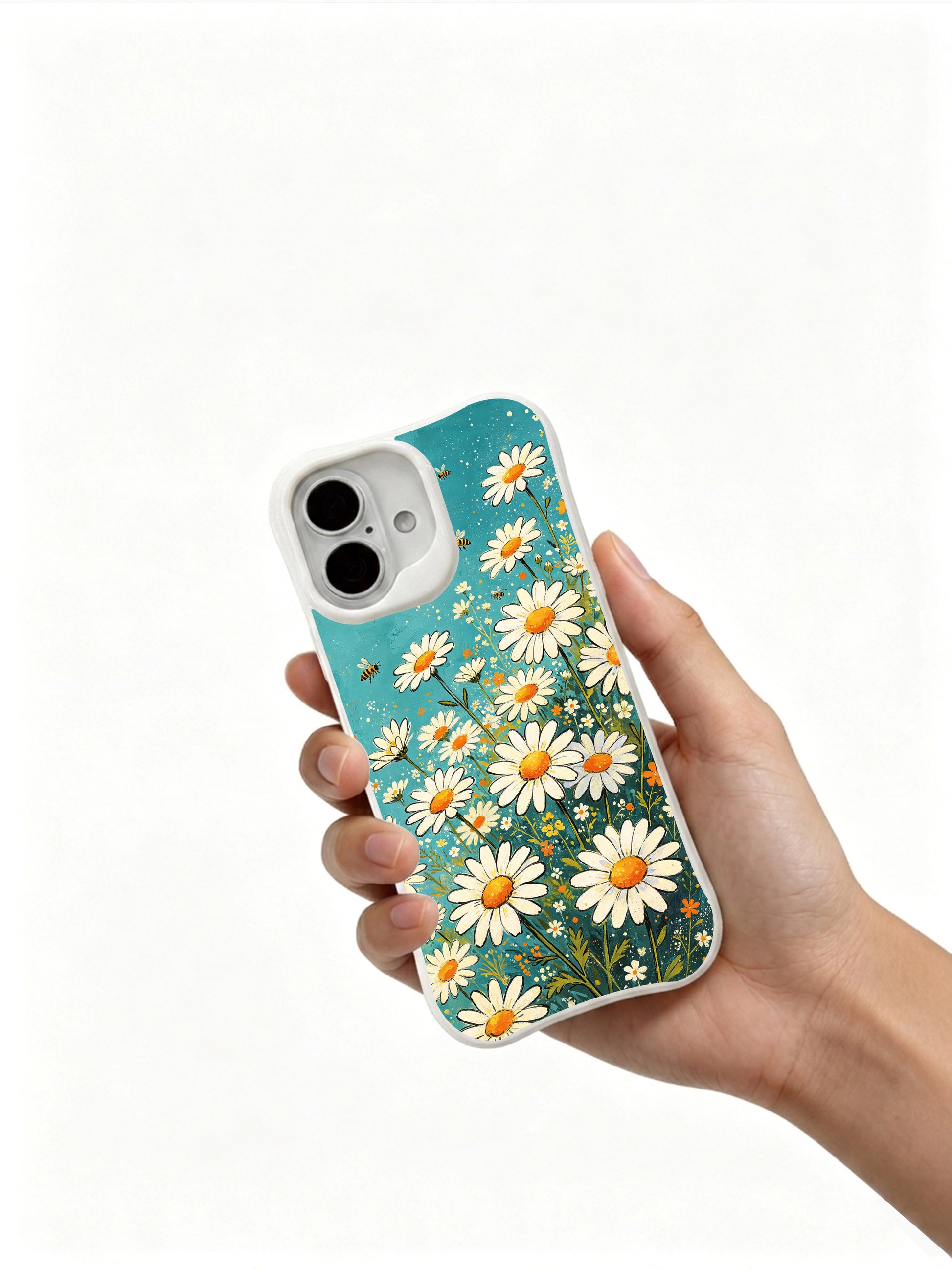 Summer White Dreams collection by Mira Bloomwell on this PhoneCasing iPhone 16 Plus Case, vibrant daisy art for everyday wear.