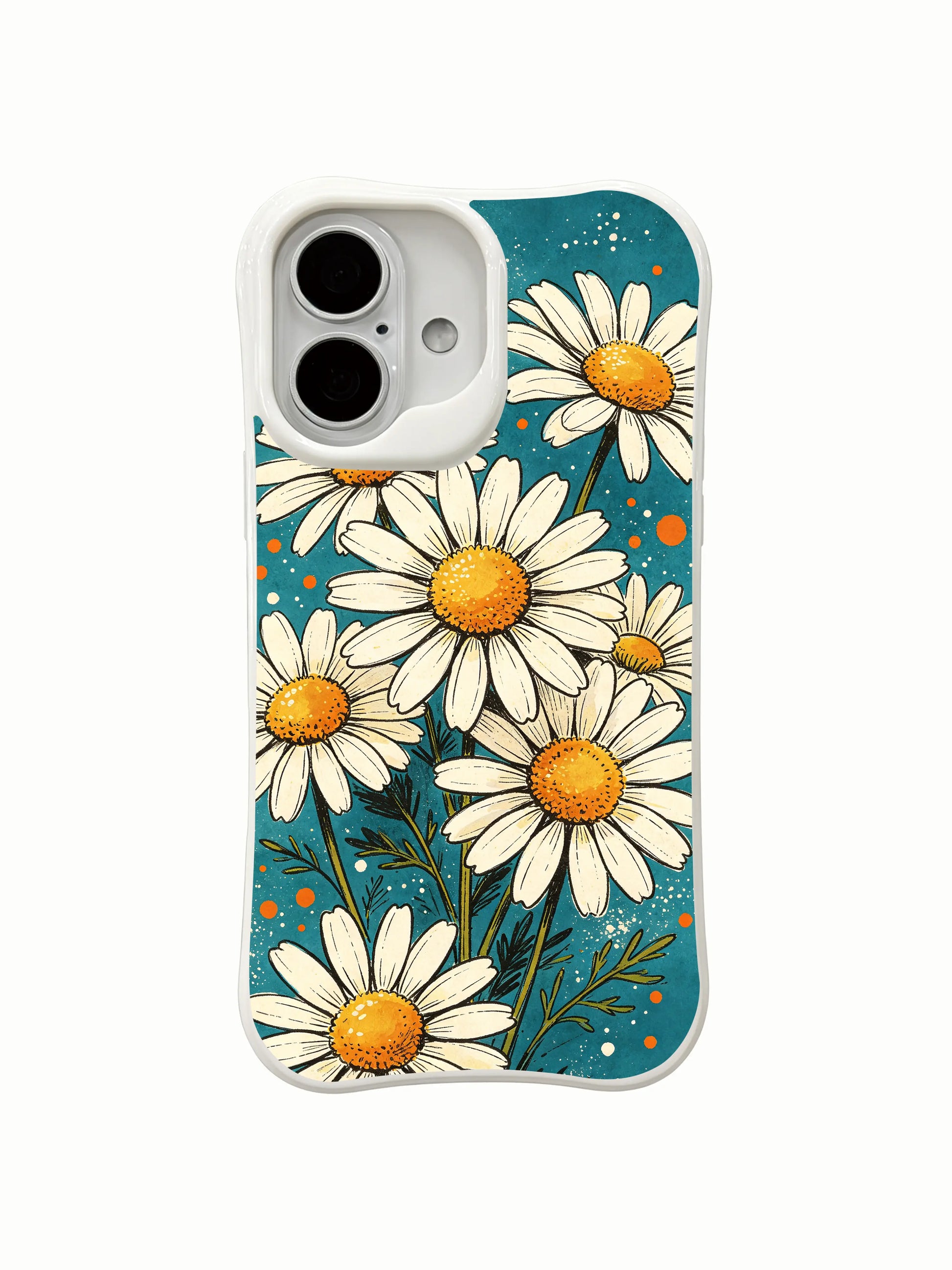 Sunshine Meadow Sparkle illustration on this PhoneCasing iPhone 16 Plus Case, featuring bright daisies and a deep teal background.