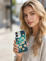 Teal Cosmic Daisies design by Mira Bloomwell on this PhoneCasing iPhone 16 Plus Case, with scratch-resistant, antimicrobial gloss finish.