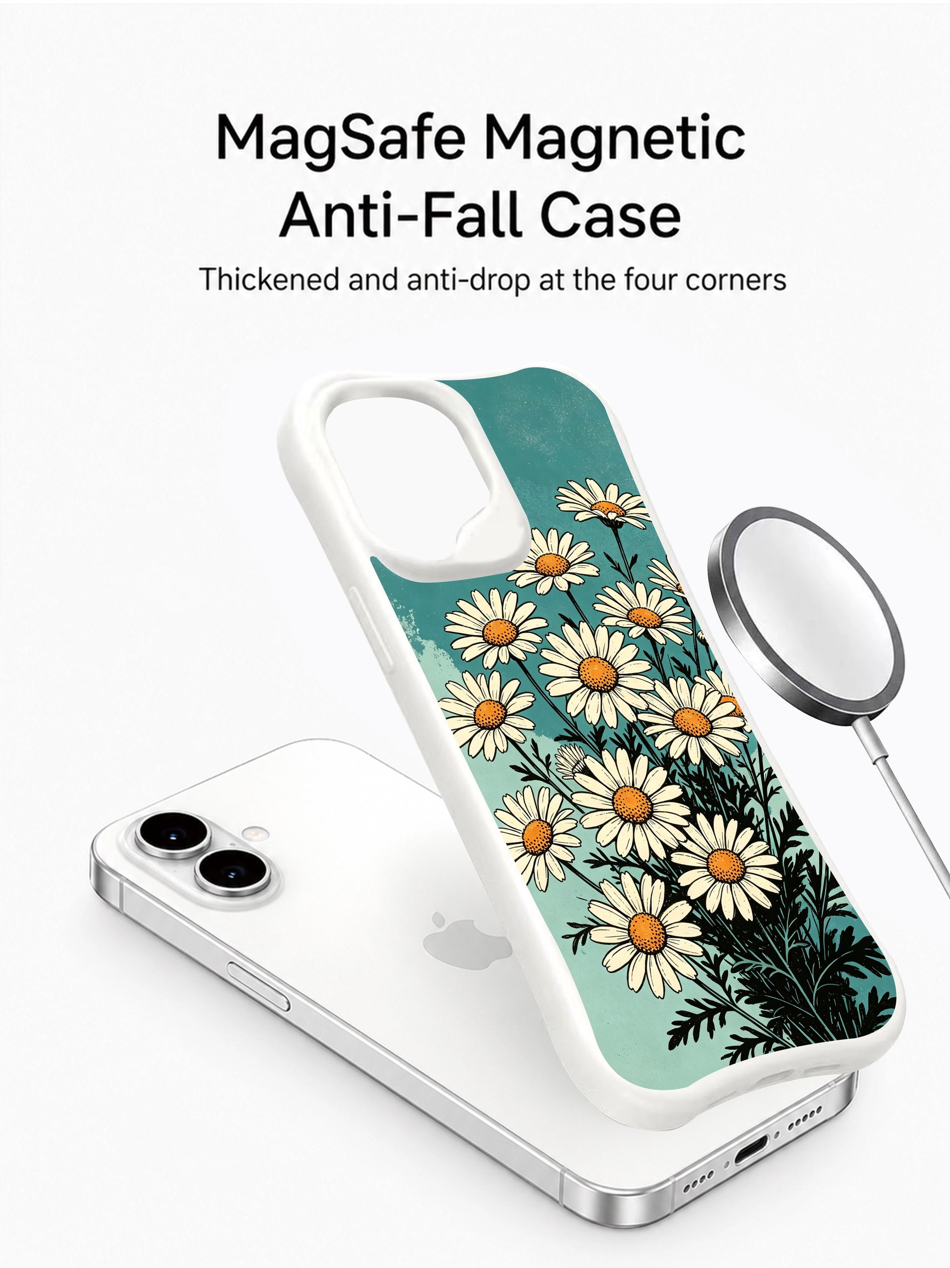 Teal Cosmos Bloom illustration by Mira Bloomwell on this PhoneCasing iPhone 16 Plus Case, crafted in California with fade-proof print.