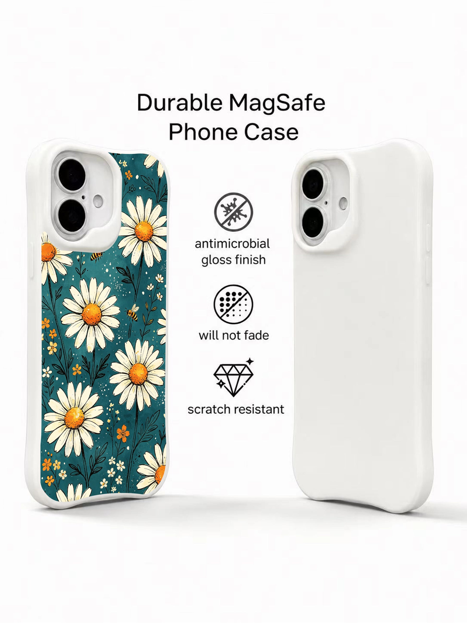 Teal Meadow Bees art by Mira Bloomwell on this PhoneCasing iPhone 16 Plus Case, a lively floral wearable art piece.