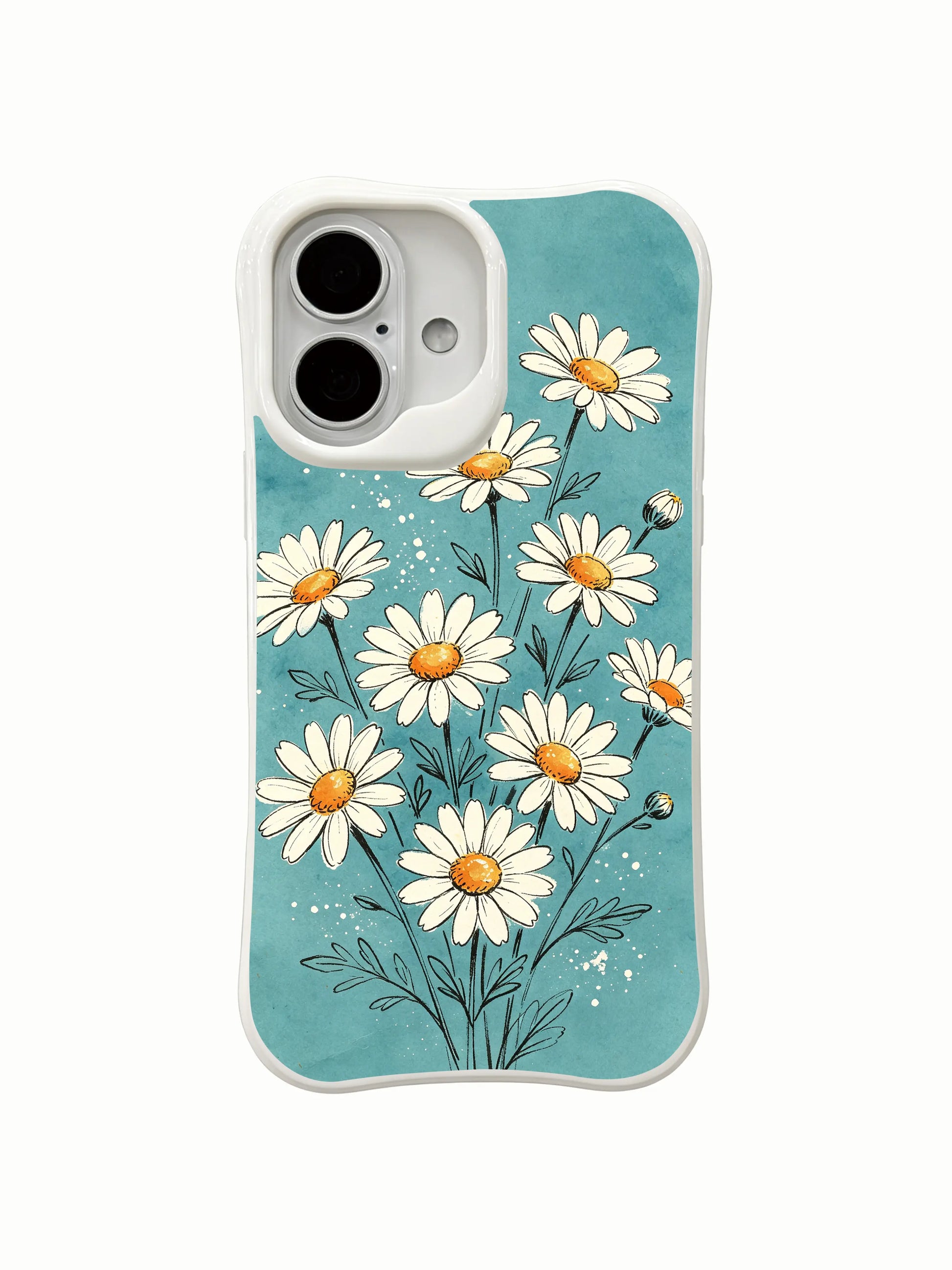 Teal vintage paper background with daisies on this PhoneCasing iPhone 16 Plus Case, subtle black ink line details.