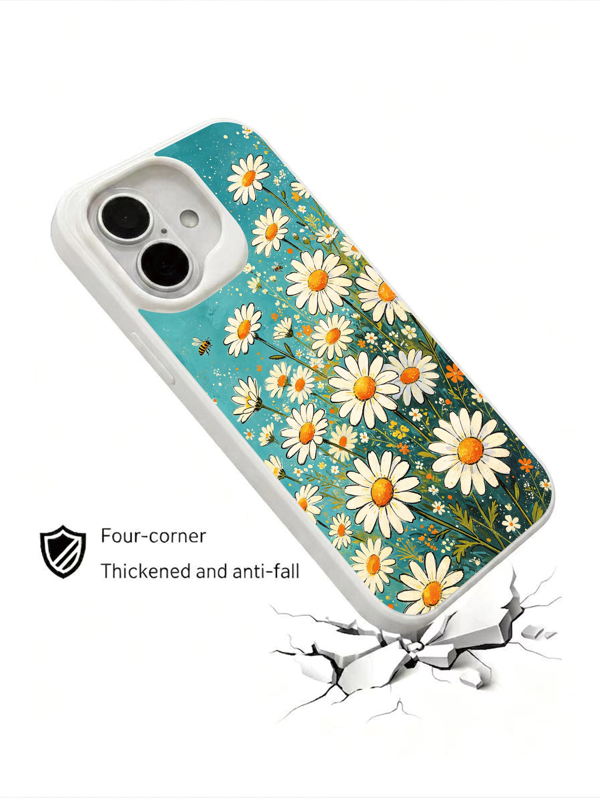 Turquoise background daisy illustration on this PhoneCasing iPhone 16 Plus Case, a premium artist-designed accessory.