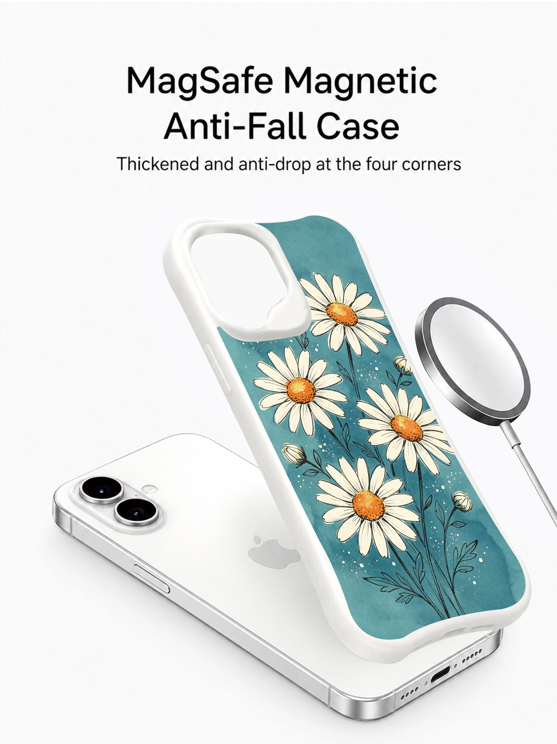 Vintage blue paper background with blooming daisies on this PhoneCasing iPhone 16 Plus Case, nostalgic botanical design.