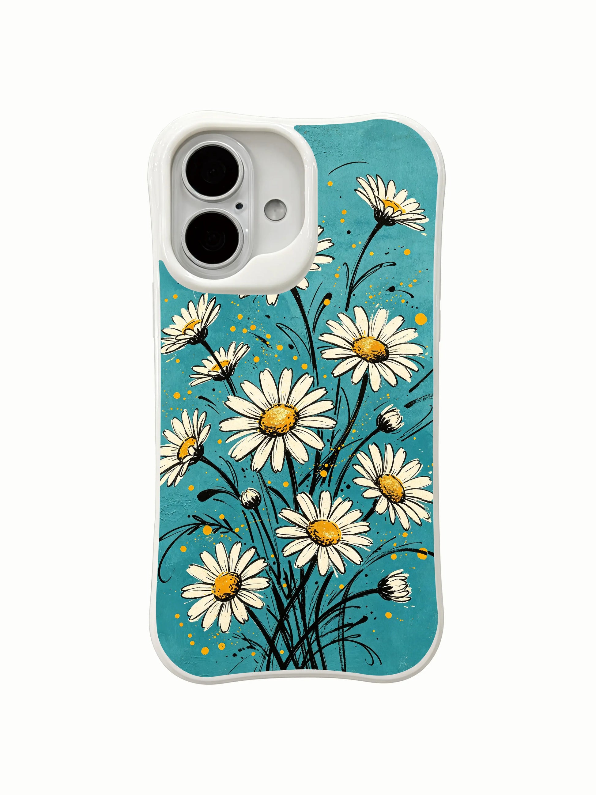 Vintage teal background with dancing daisies on this PhoneCasing iPhone 16 Plus Case, retro-inspired floral art.