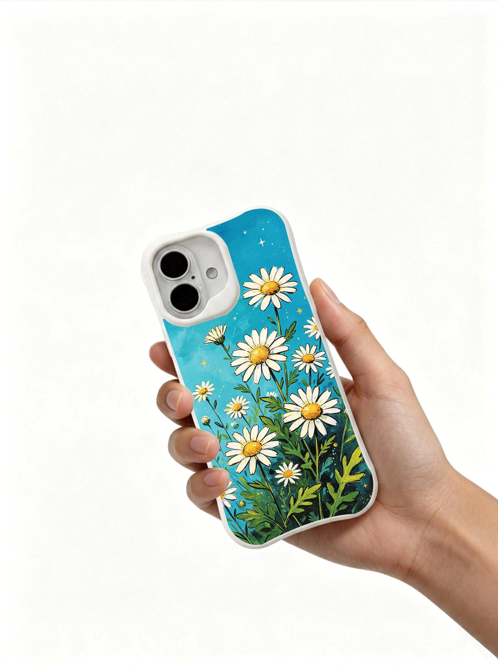 Vintage watercolor daisy art on this PhoneCasing iPhone 16 Plus Case, with textured sky details and a heartfelt, whimsical vibe.