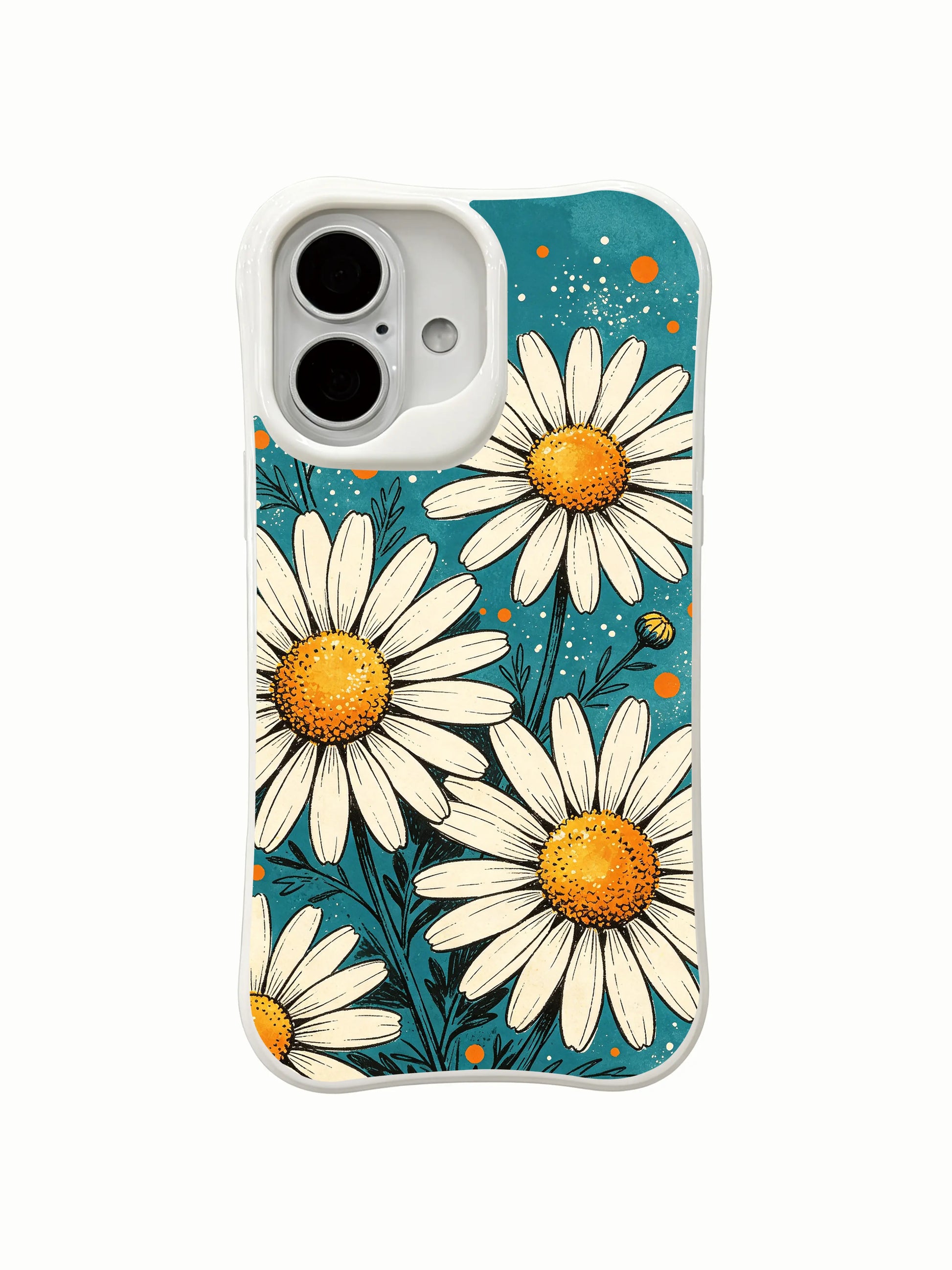 Dreamy Warm Daisy Adventure wearable art on this PhoneCasing iPhone 16 Plus Case, crafted in California with fade-proof print.