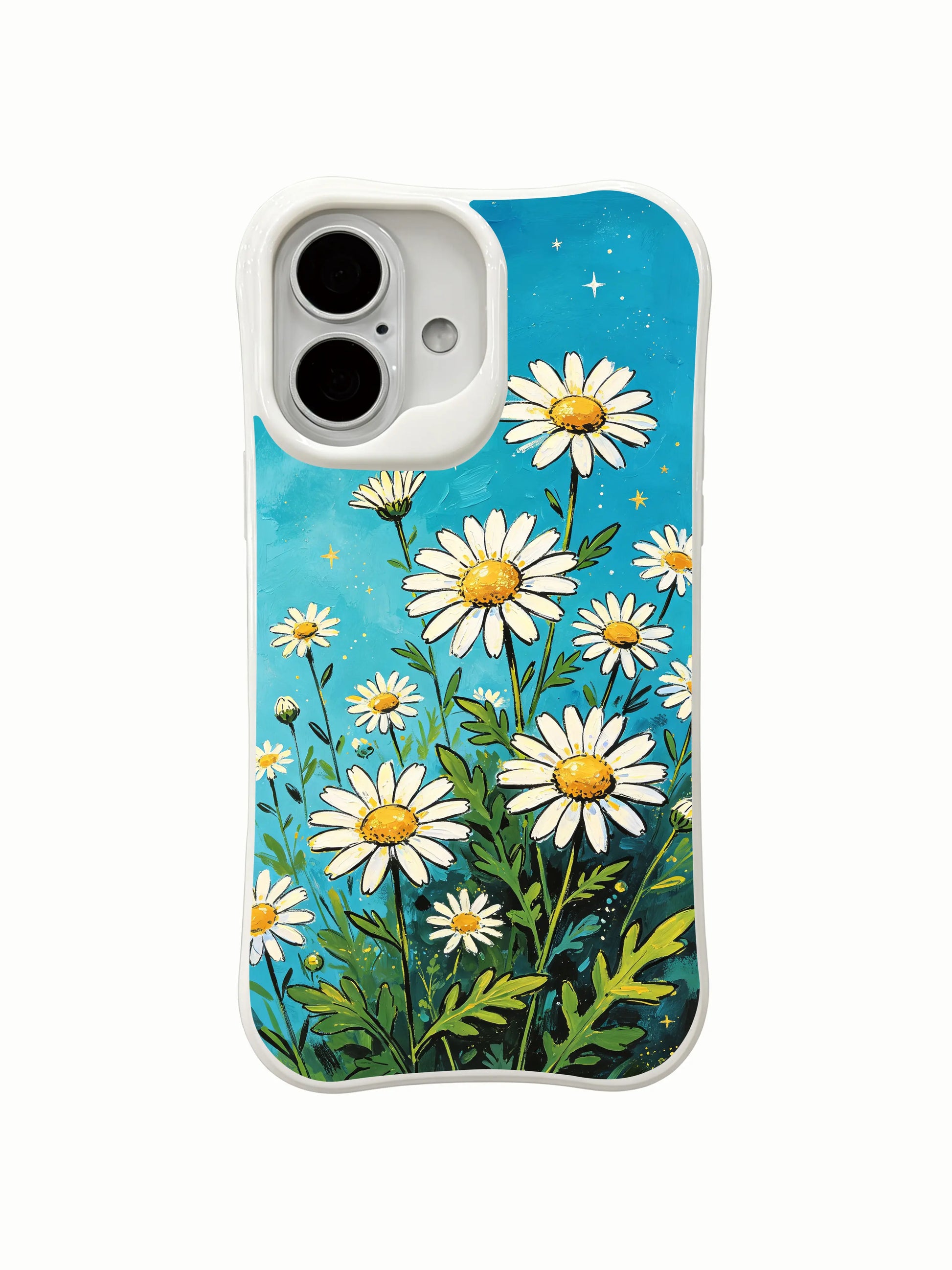 Wearable art for dreamers on this PhoneCasing iPhone 16 Plus Case, featuring daisies reaching for the sky and stars.