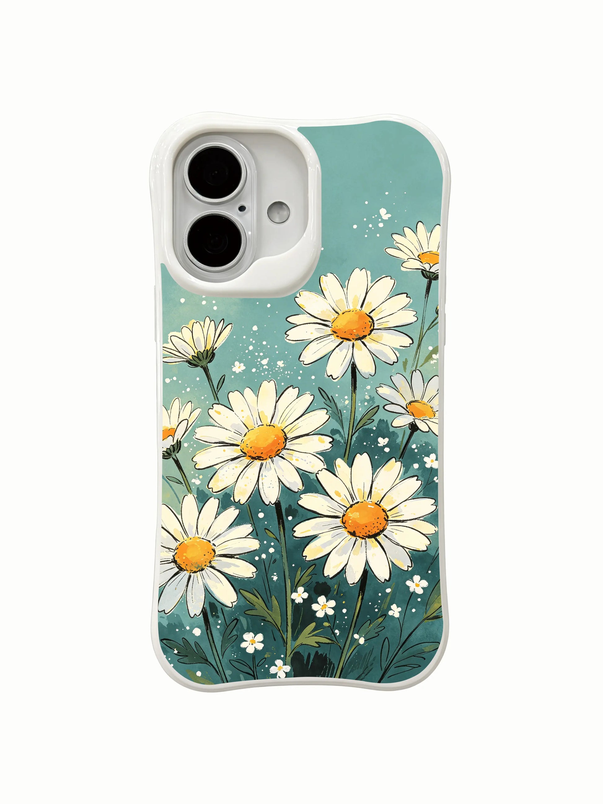 Whimsical Daisy Chat illustration on this PhoneCasing iPhone 16 Plus Case, a unique design by Mira Bloomwell.