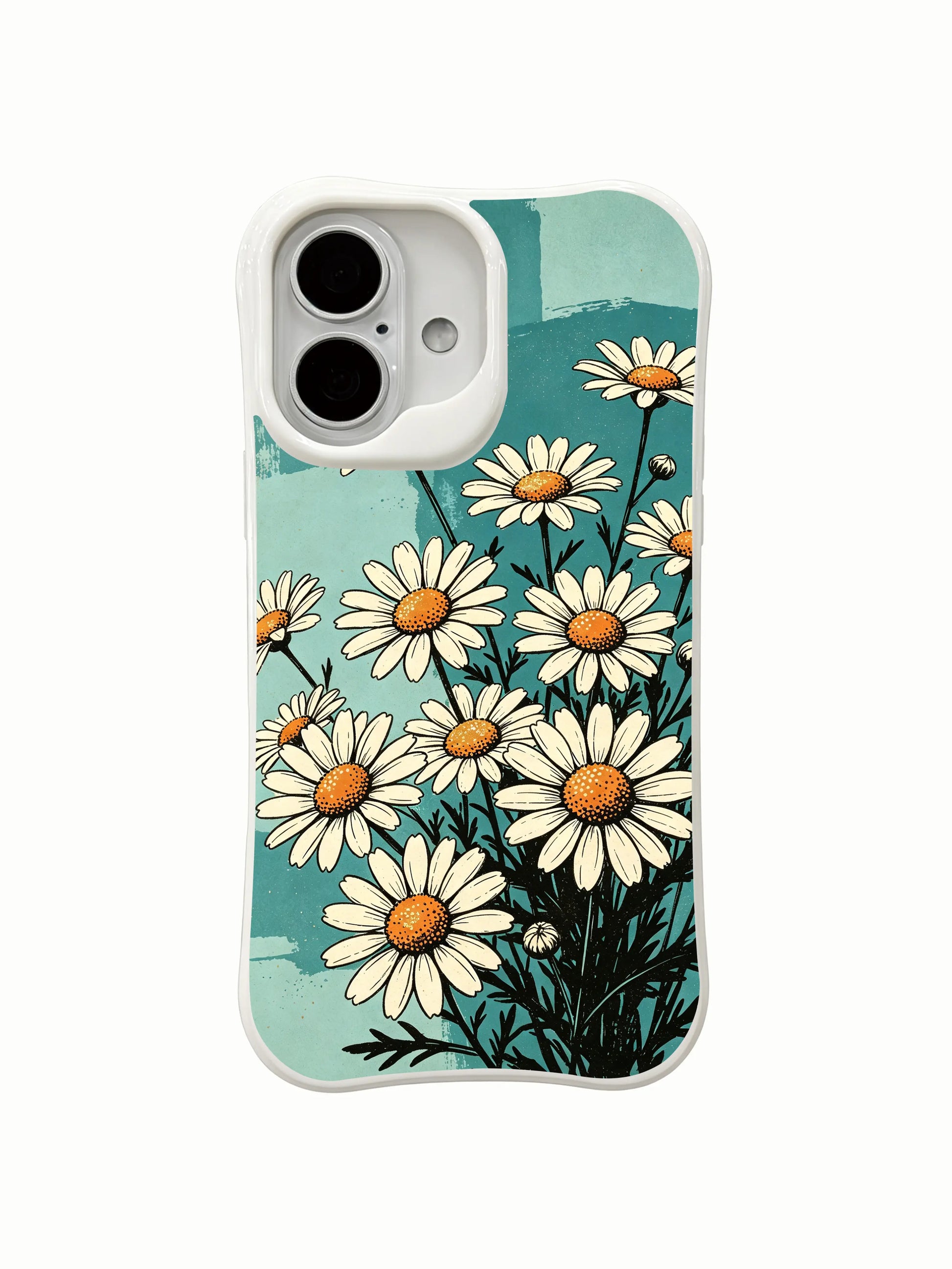 Whimsical Daisy Order illustration on this PhoneCasing iPhone 16 Plus Case, a unique design by Mira Bloomwell.