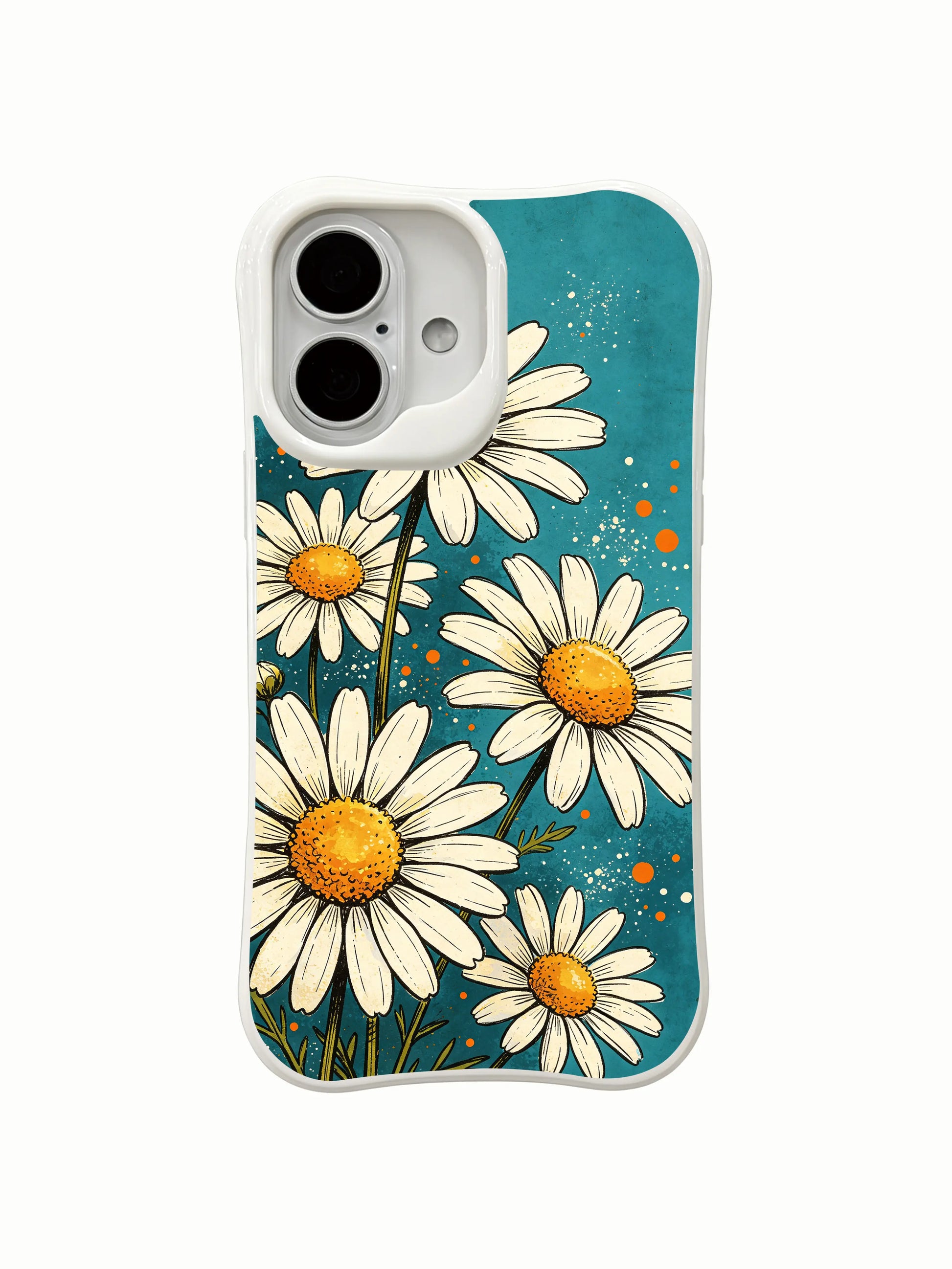Whimsical Daisy Sparkle illustration on this PhoneCasing iPhone 16 Plus Case, a unique design by Mira Bloomwell.
