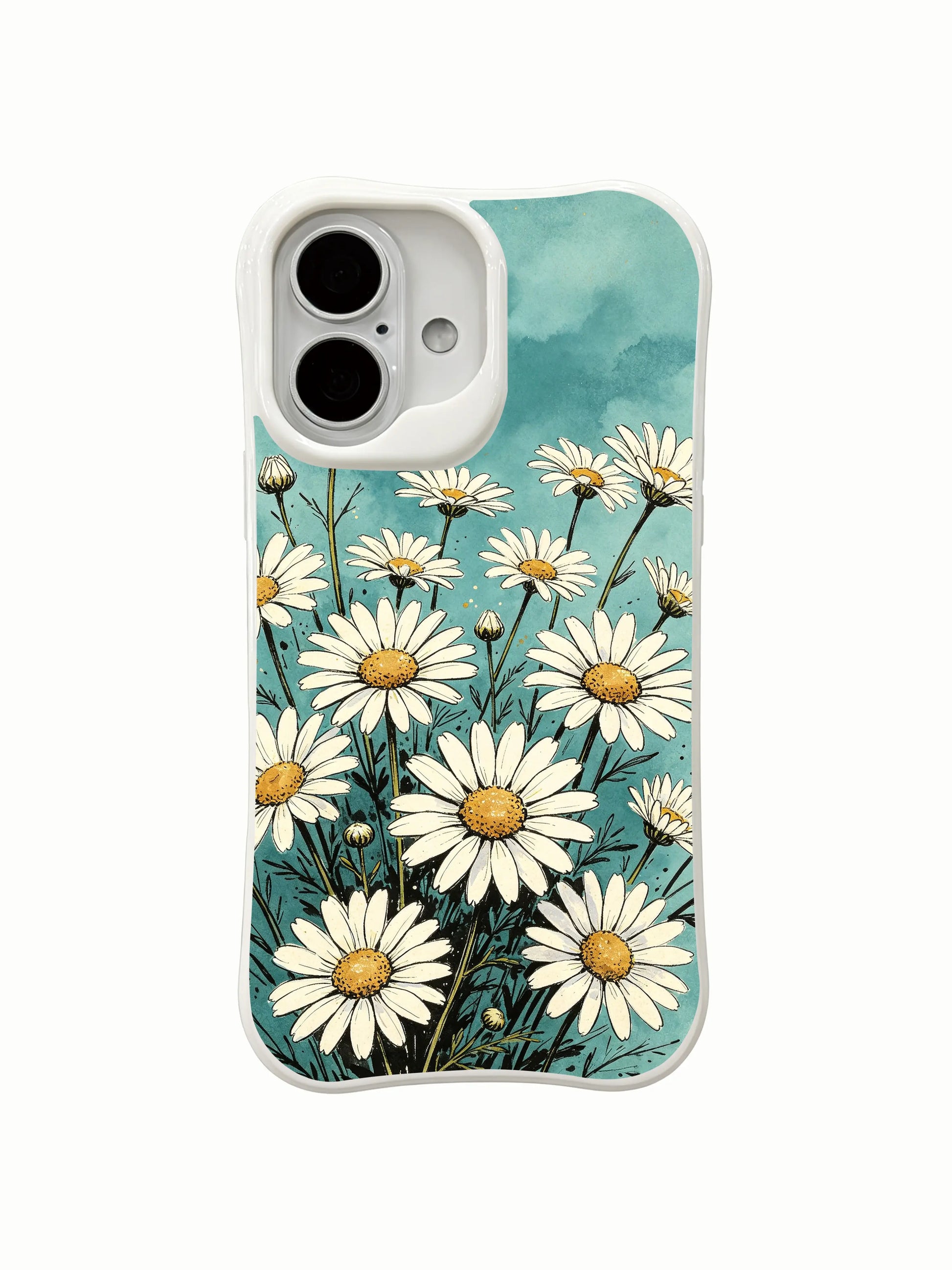 Whimsical Wild Meadow illustration on this PhoneCasing iPhone 16 Plus Case, a unique design by Mira Bloomwell.