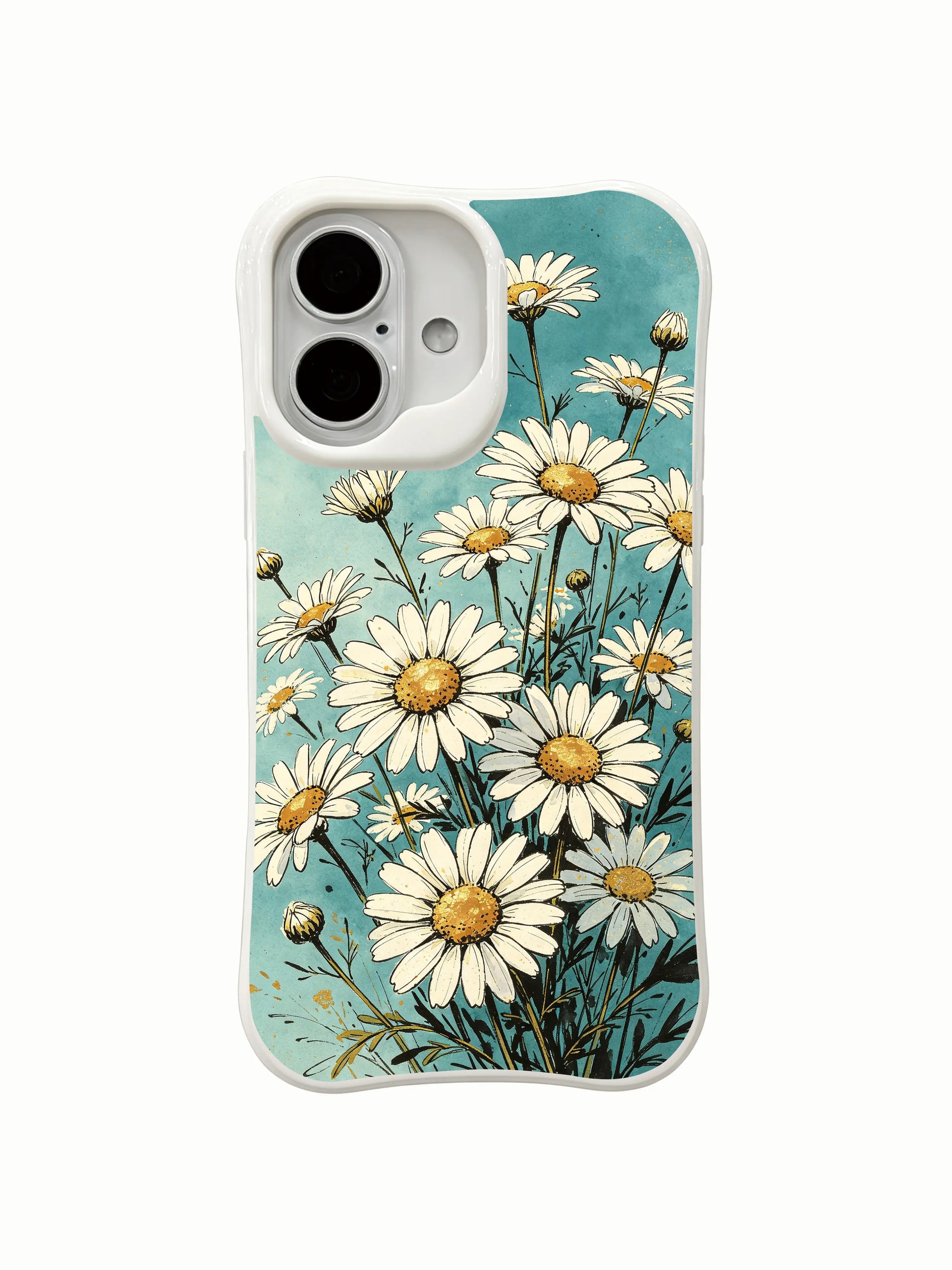 Dreamy Wild Daisy Adventure wearable art on this PhoneCasing iPhone 16 Plus Case, crafted in California with fade-proof print.