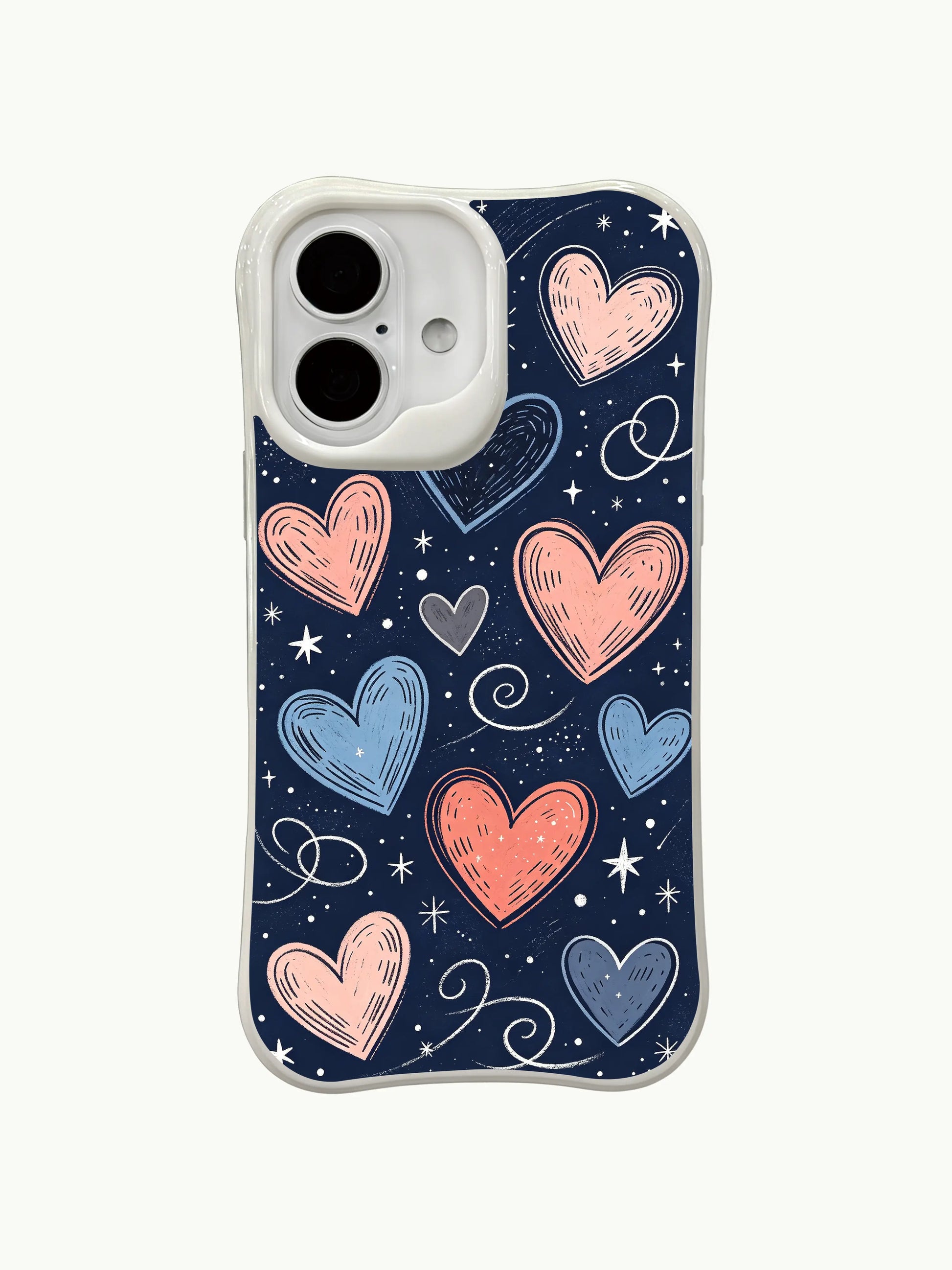 PhoneCasing iPhone 16 Plus case with coral and pink heart scribbles. The vibrant tones and starry details add warmth to this playful iphone 16 plus casing.