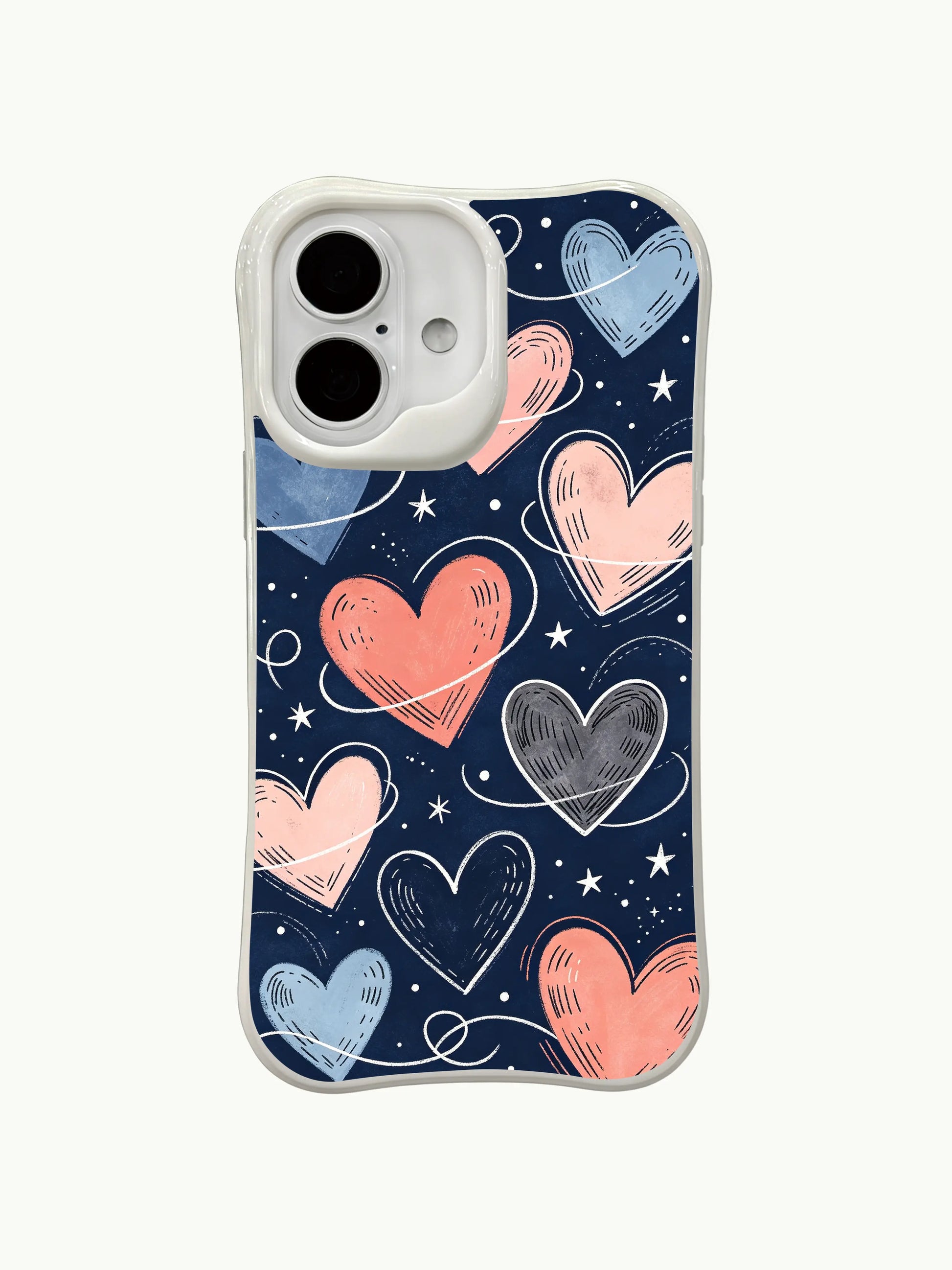 PhoneCasing iPhone 16 Plus case with a love pattern on a dark background. The mix of pink, blue, and coral hearts with stardust creates a balanced look in this iphone 16 plus casing.