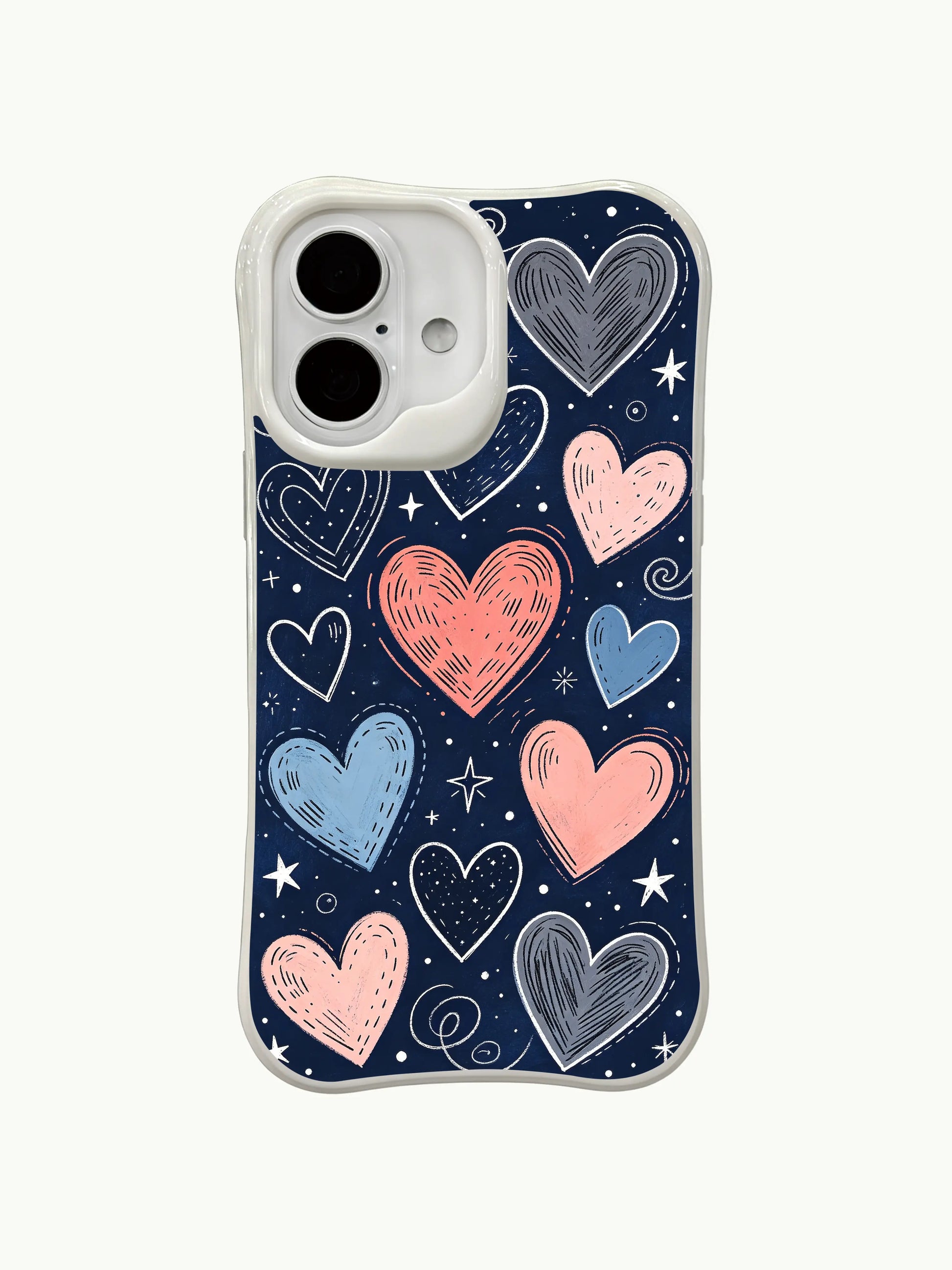 PhoneCasing iPhone 16 Plus case with hand-drawn pastel hearts. The mix of pink, blue, and coral tones on navy gives a soft, romantic feel to this iphone 16 plus casing.