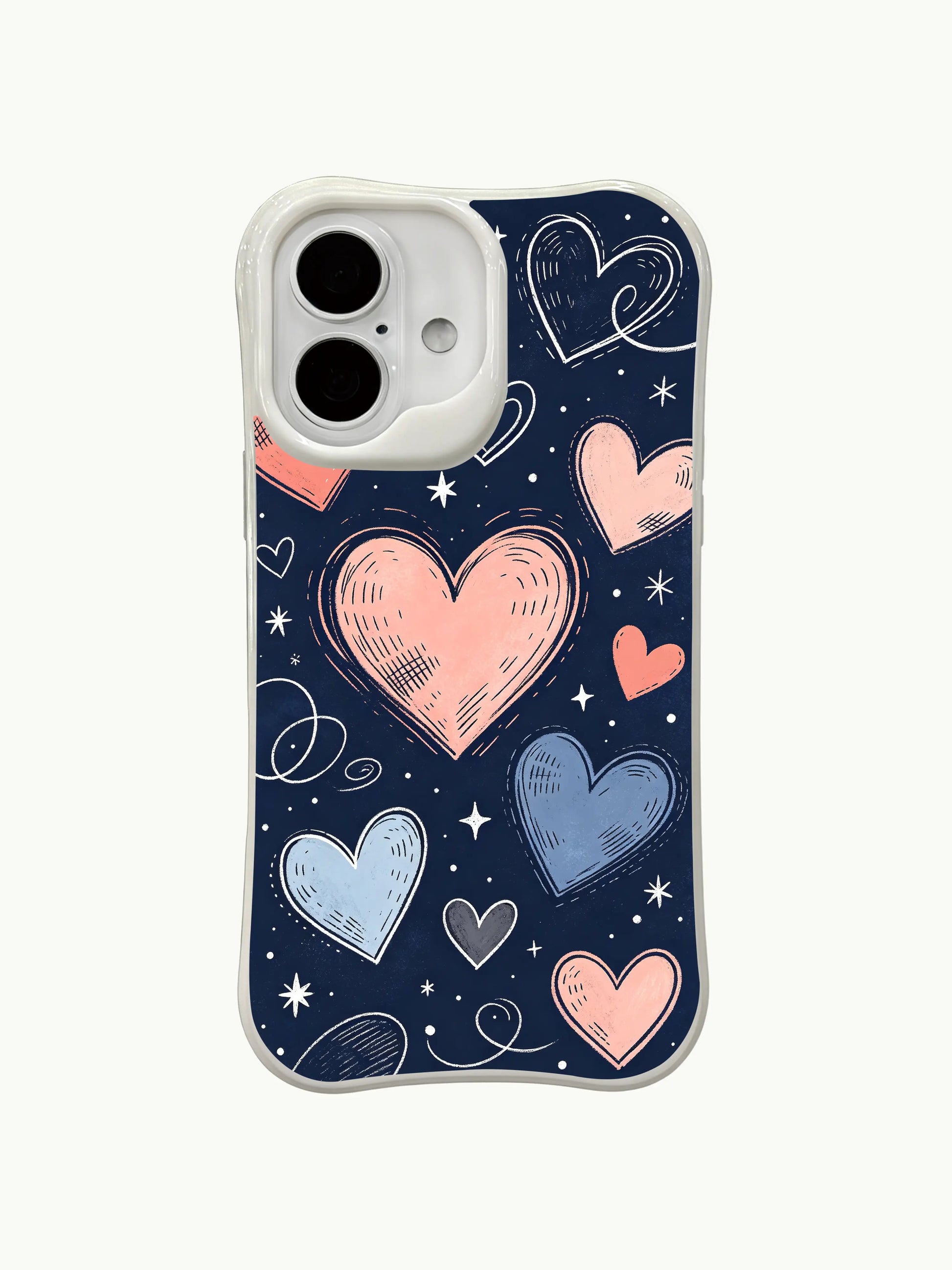 PhoneCasing iPhone 16 Plus case with a midnight tender heart design. The deep blue background and soft colored hearts convey quiet affection in this protective iphone 16 plus casing.