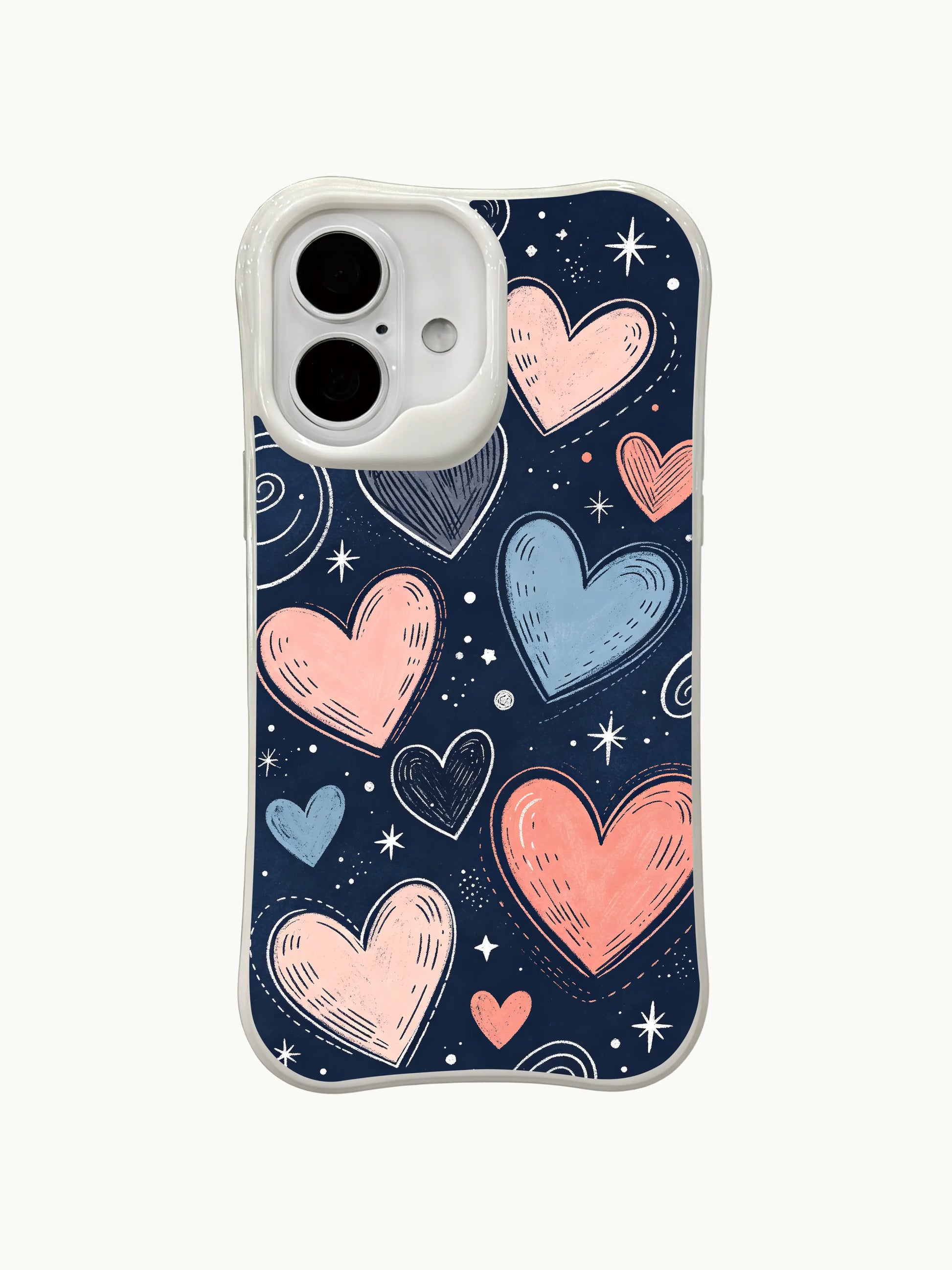 PhoneCasing iPhone 16 Plus case with navy background and pastel heart artwork. The contrast between dark and soft tones creates a unique look in this iphone 16 plus casing.