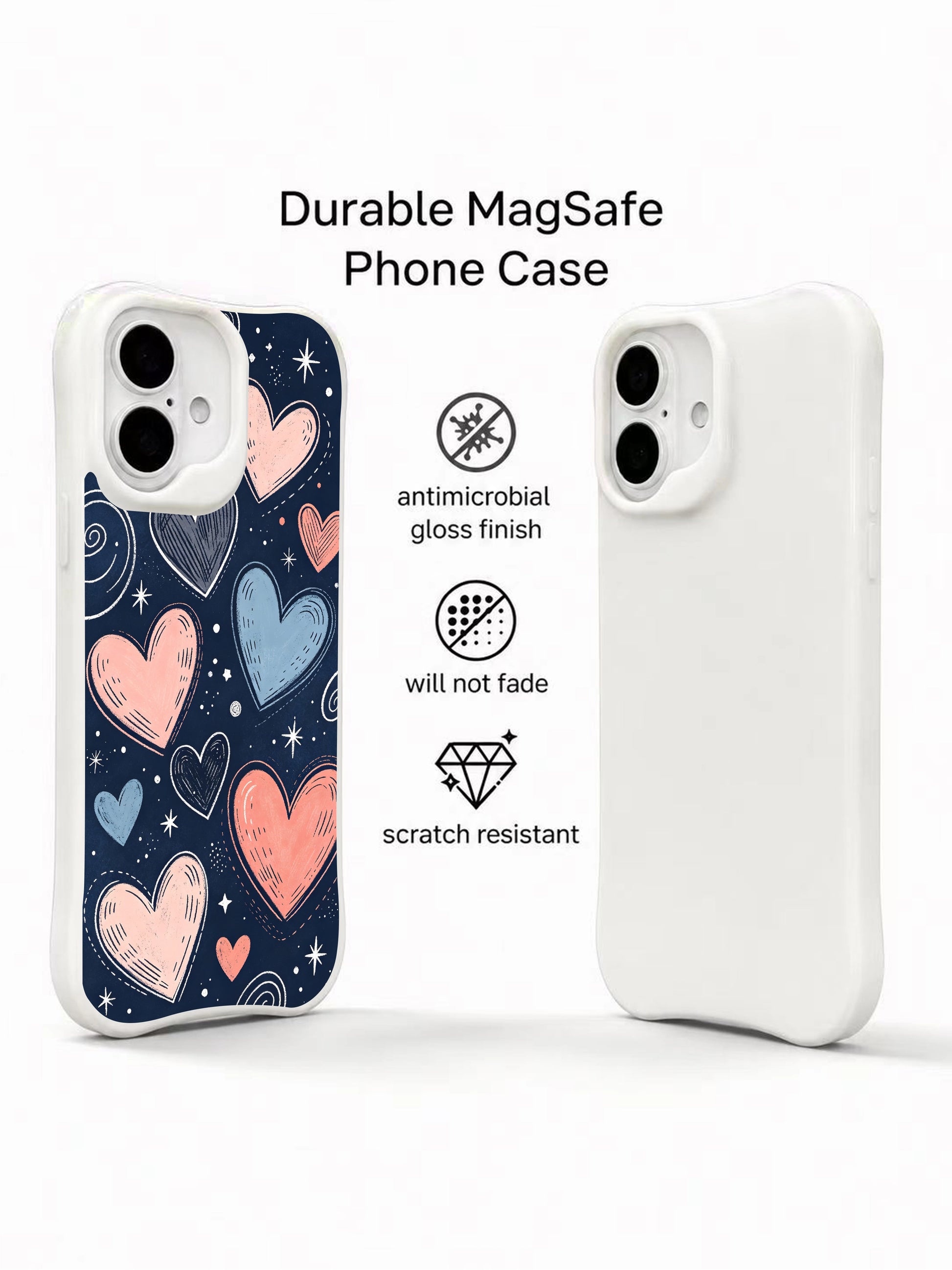 PhoneCasing iPhone 16 Plus case with a night sky heart doodle design. The navy backdrop and pastel hearts with stardust accents create a gentle, mysterious vibe in this durable iphone 16 plus casing.