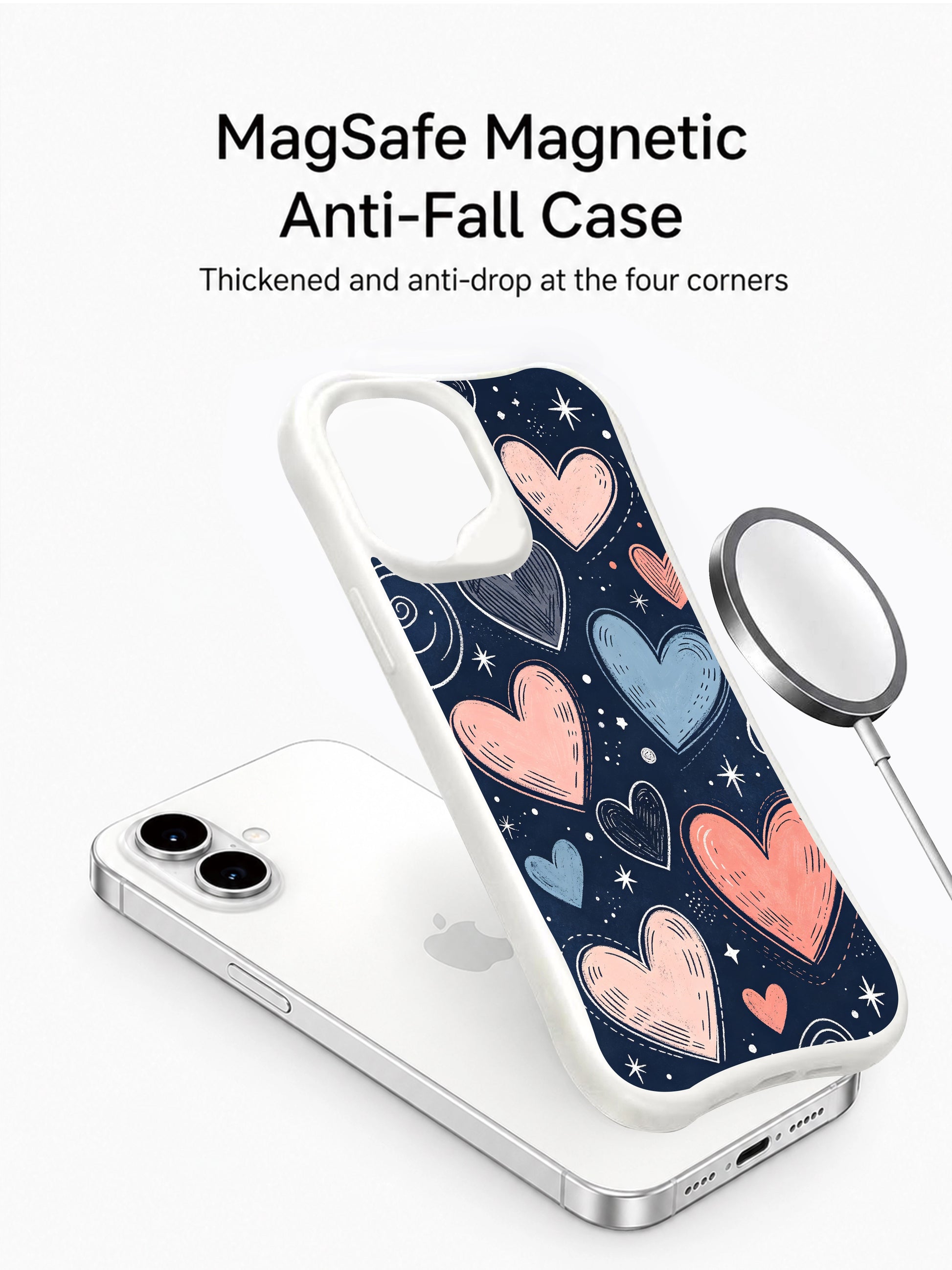 PhoneCasing iPhone 16 Plus case showcasing soft pink, coral, and blue hearts on a dark background. The stardust details add a magical touch to this artistic iphone 16 plus casing.