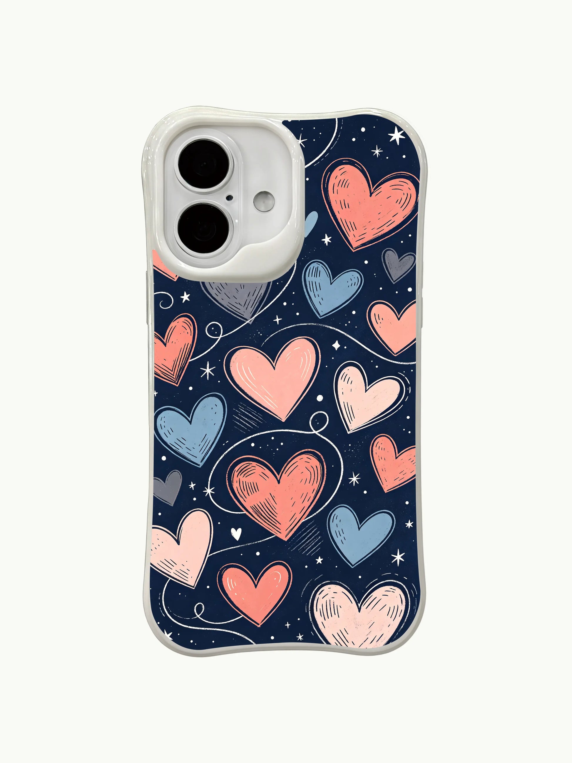 PhoneCasing iPhone 16 Plus case with whimsical "secret thoughts" hearts. The hand-drawn style and stardust details make this iphone 16 plus casing stand out.