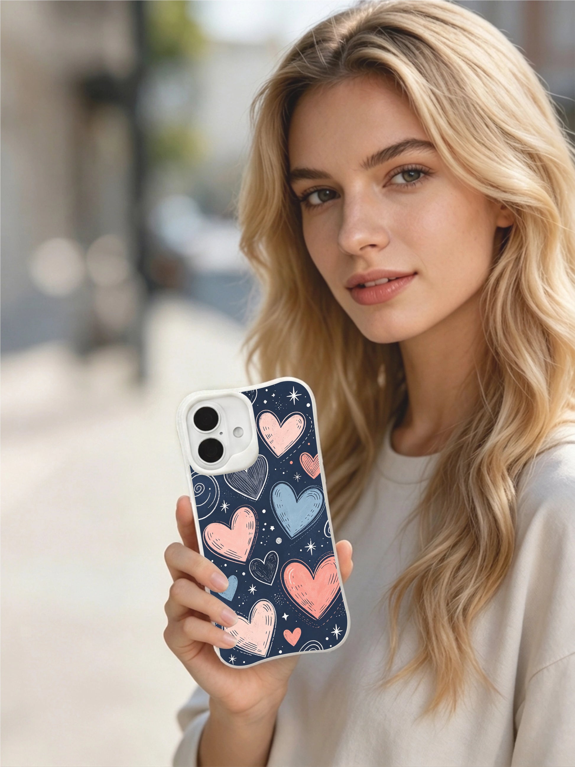 PhoneCasing iPhone 16 Plus case with whimsical starry hearts. The layered pastel hearts and tiny starbursts create a dreamy night sky aesthetic in this iphone 16 plus casing.
