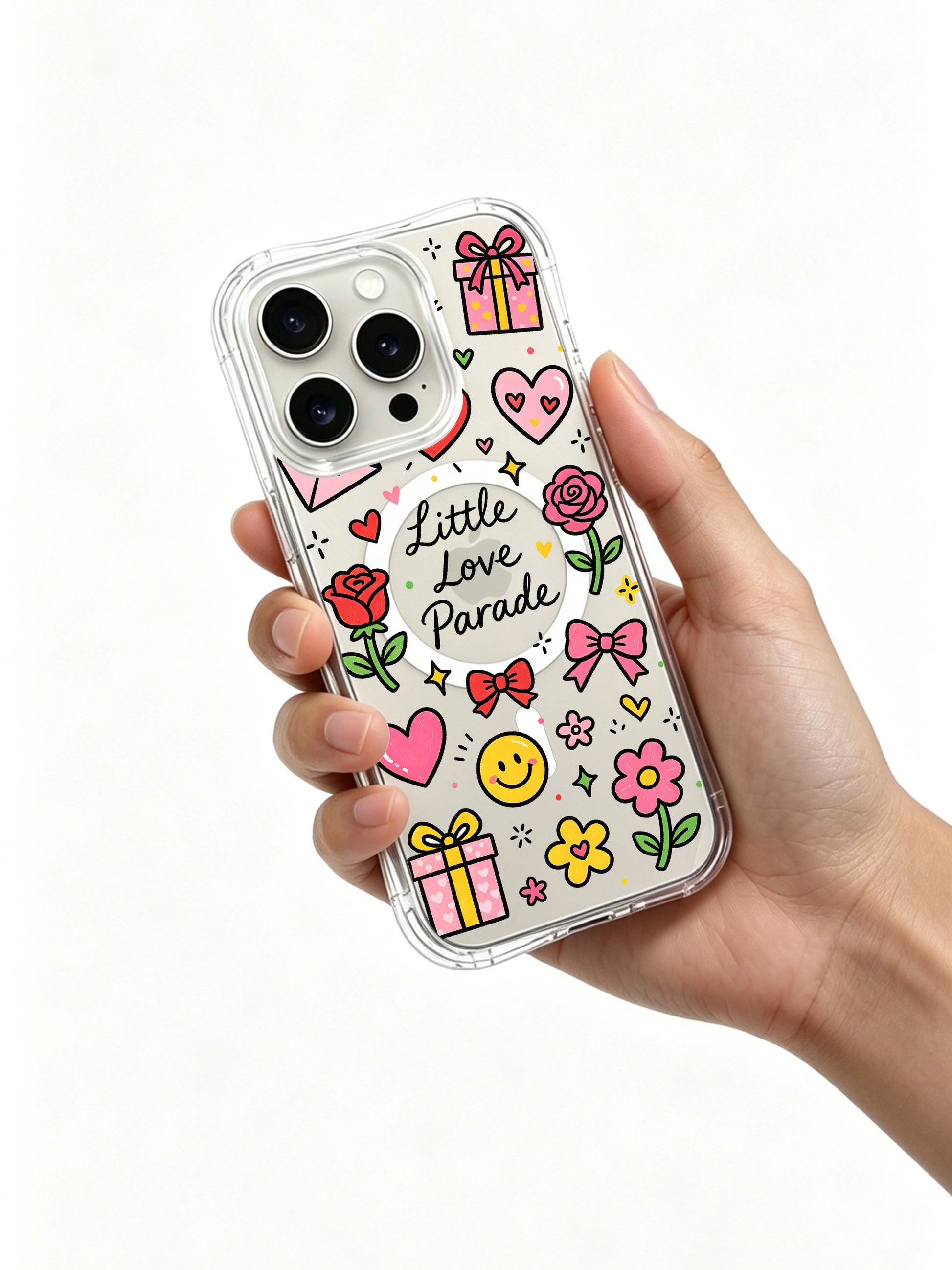 PhoneCasing iPhone 16 Pro Max anti-yellowing clear protective cover, vibrant Little Love Parade romantic doodle art print