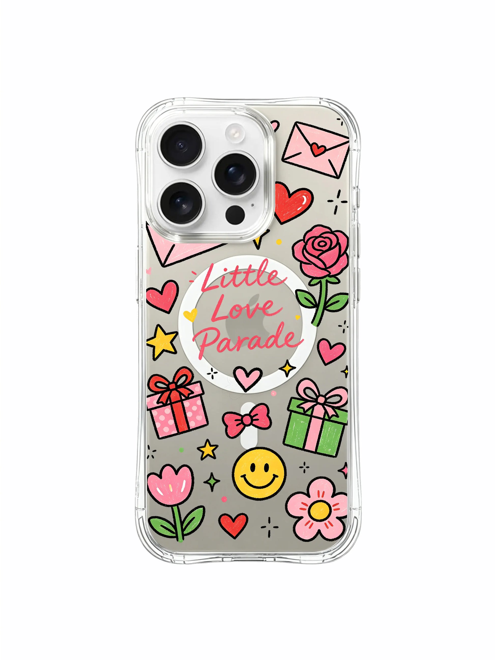 PhoneCasing iPhone 16 Pro Max transparent protective cover designed by artist Sunny Charm, Little Love Parade sweet doodle artwork
