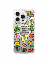 PhoneCasing iPhone 16 Pro Max transparent anti-drop protective cover designed by artist Sunny Charm, original Make Your Own Sunshine uplifting rainbow doodle artwork