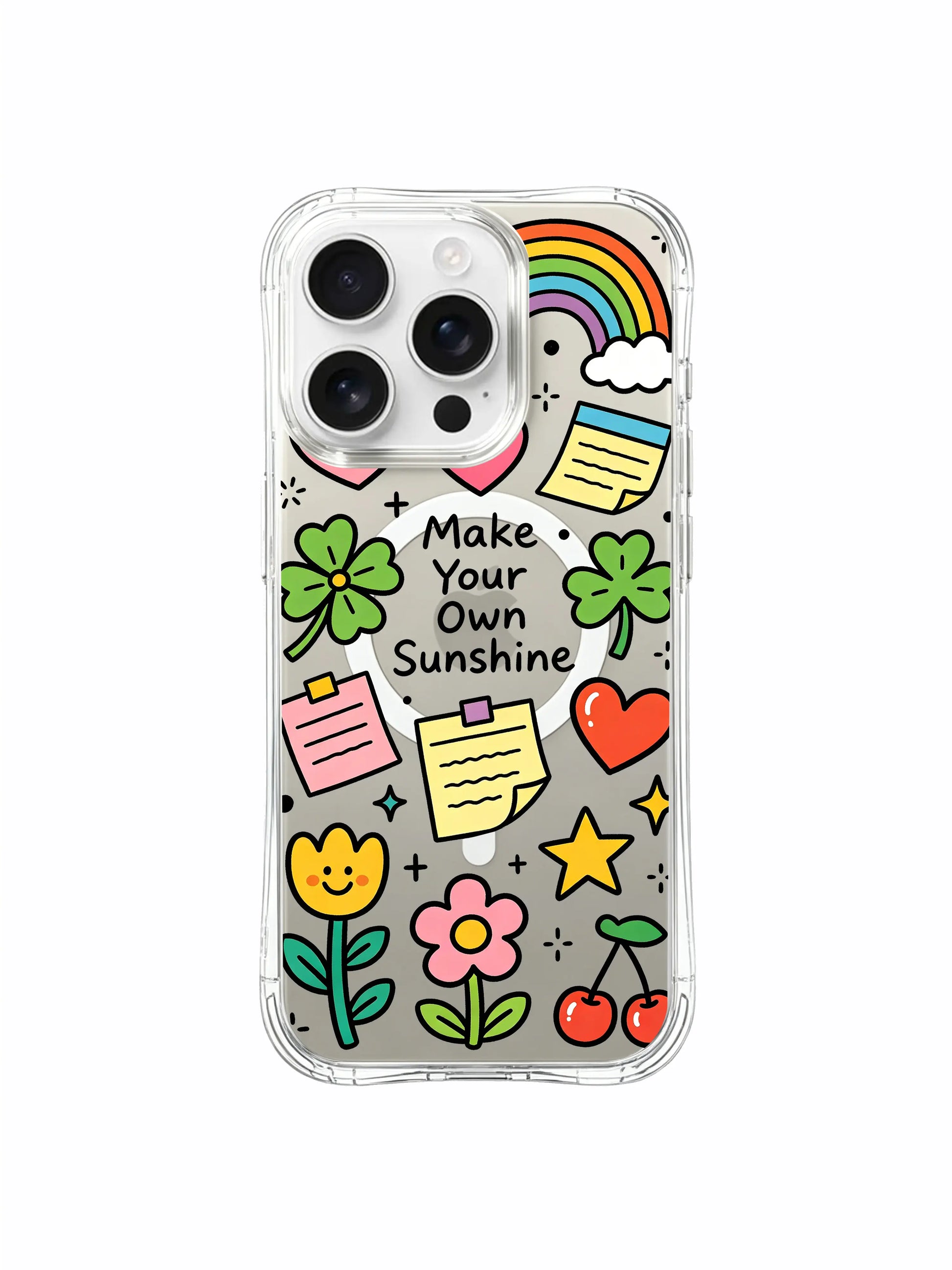 PhoneCasing iPhone 16 Pro Max transparent anti-drop protective cover designed by artist Sunny Charm, original Make Your Own Sunshine uplifting rainbow doodle artwork