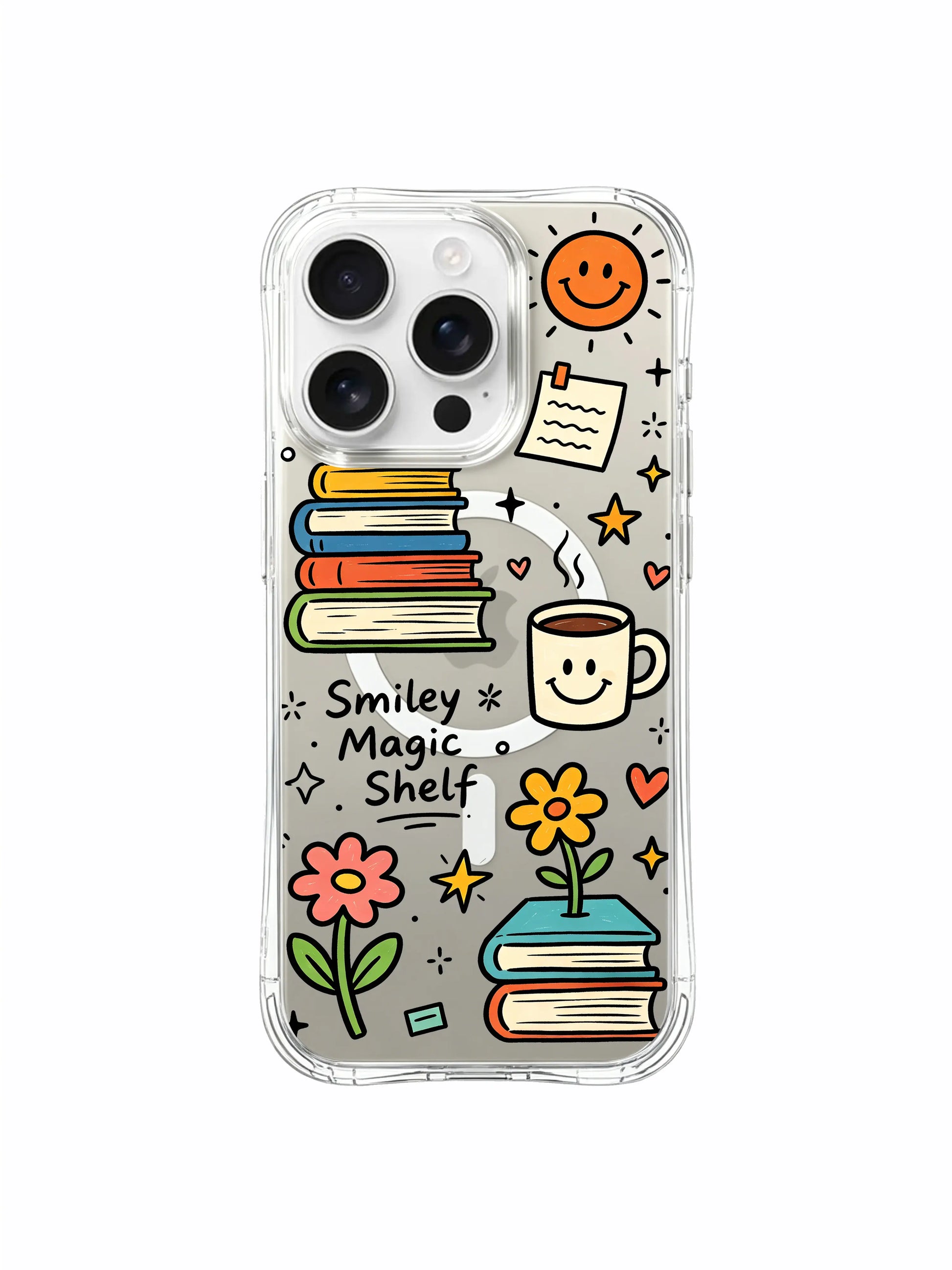 PhoneCasing iPhone 16 Pro Max transparent anti-drop protective cover designed by artist Sunny Charm, original Smiley Magic Shelf cozy reading doodle artwork