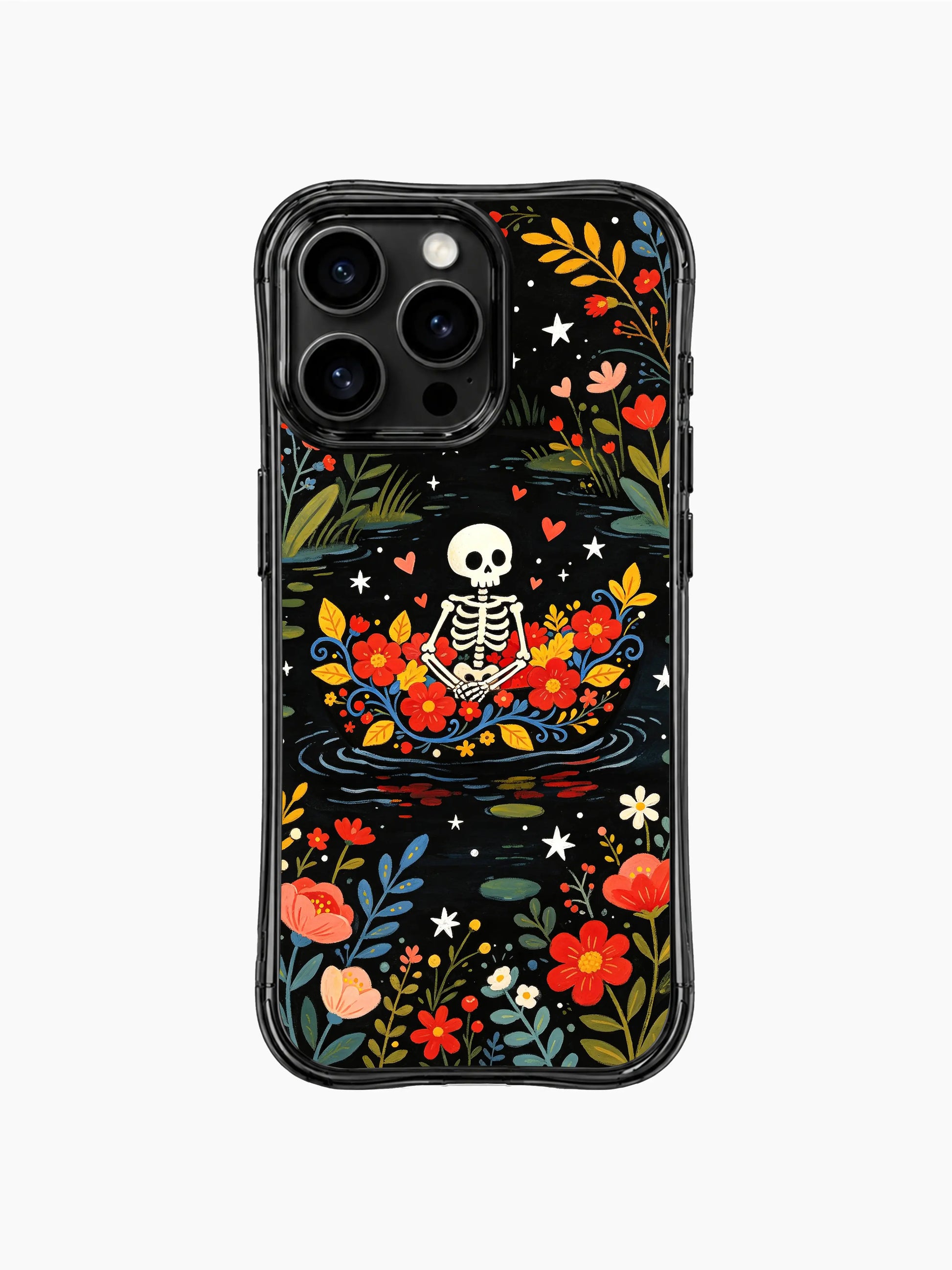 Artistic skeleton flower boat design on PhoneCasing iPhone 16 pro max case, featuring vibrant folk art with red flowers and blue foliage