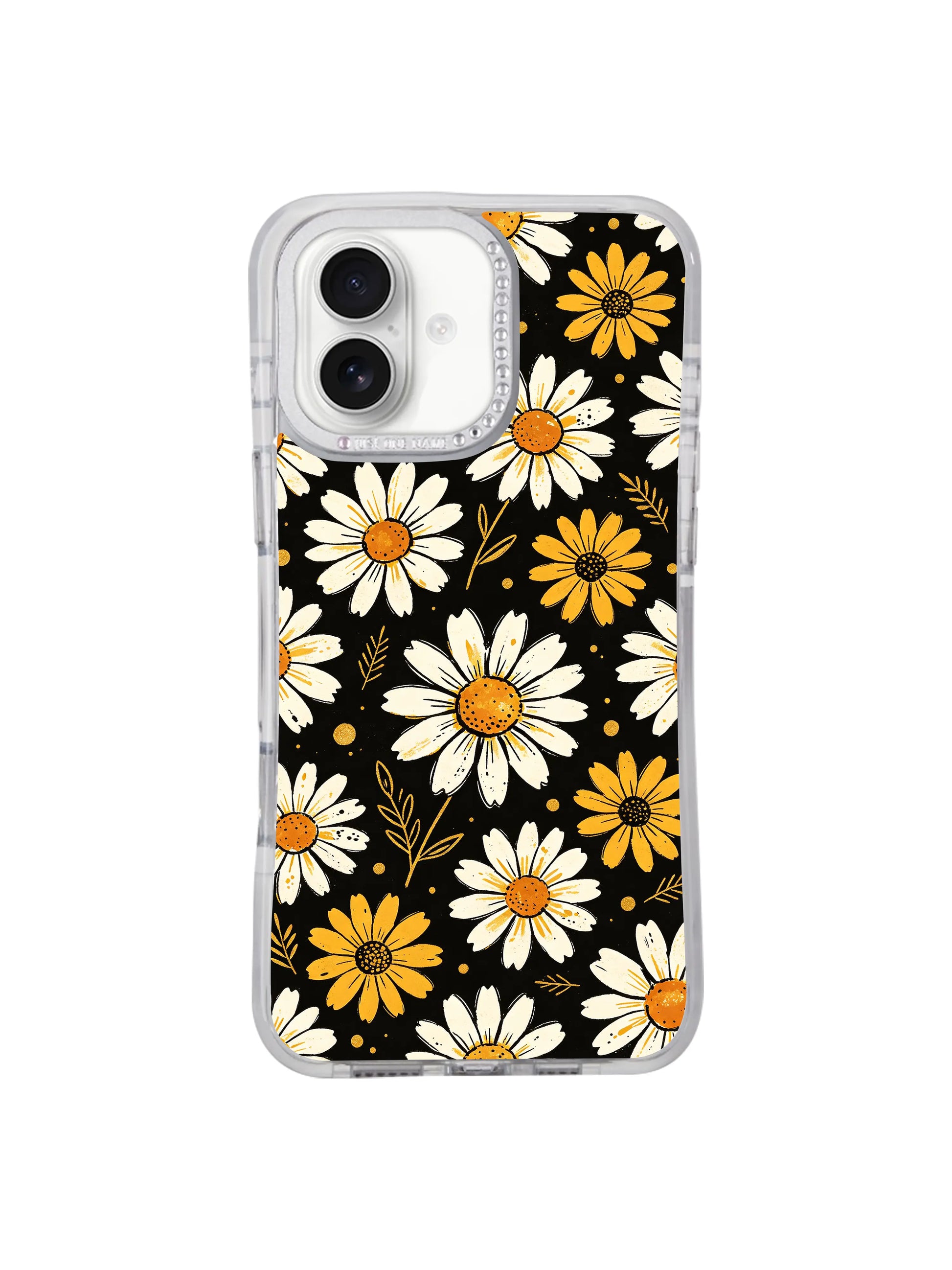Full surface balanced white and golden daisy White Bloom Signal pattern iPhone 16 pro max casing, moody warm dark base design by PhoneCasing for iPhone 16 pro max.