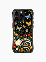 Bone butterfly skeleton cat design on PhoneCasing iPhone 16 pro max case, folk art style with colorful flowers and night garden patterns.