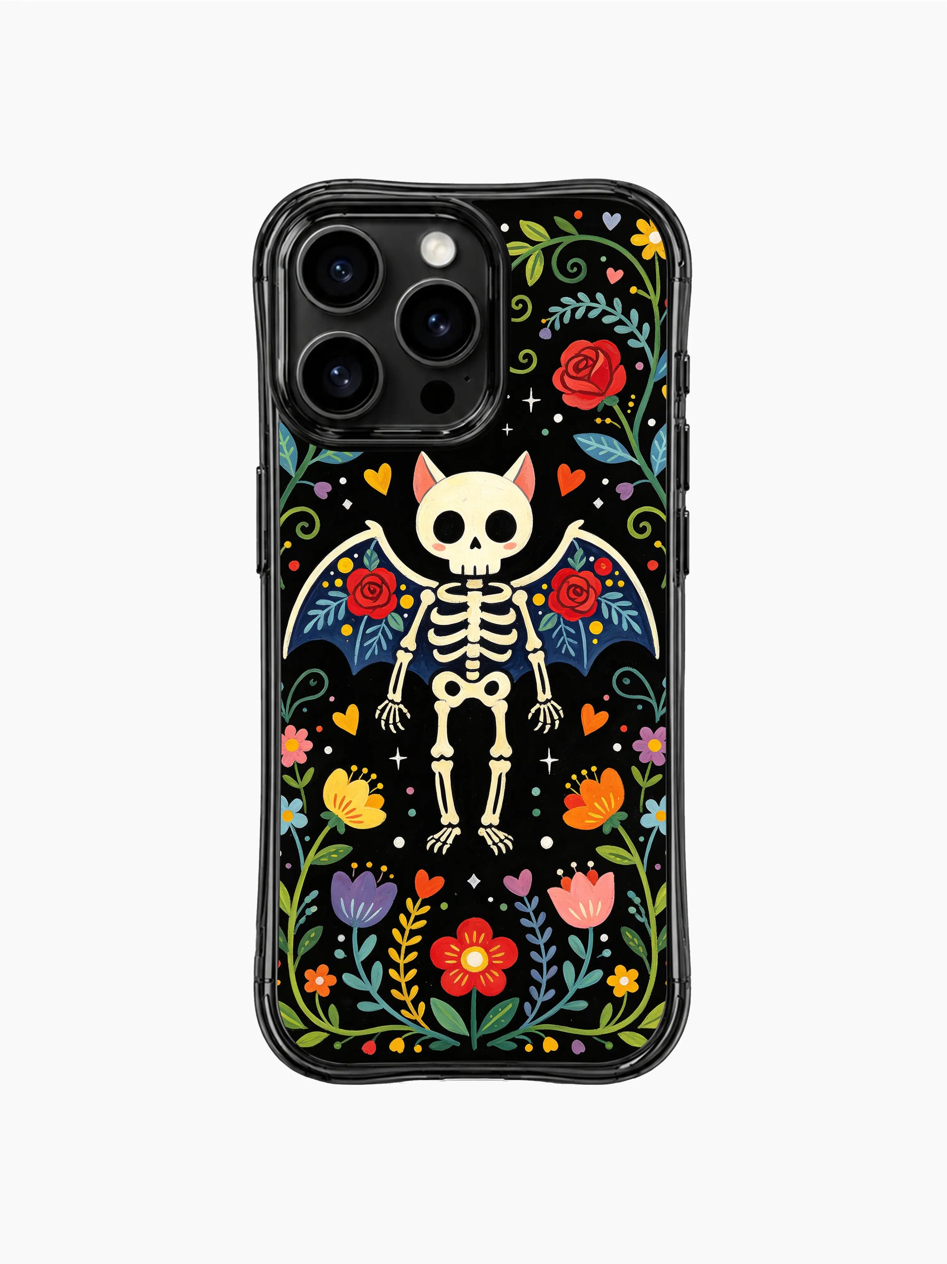 Bone flower skeleton bat design on PhoneCasing iPhone 16 pro max case, featuring a folk art bat with roses and colorful blooms.