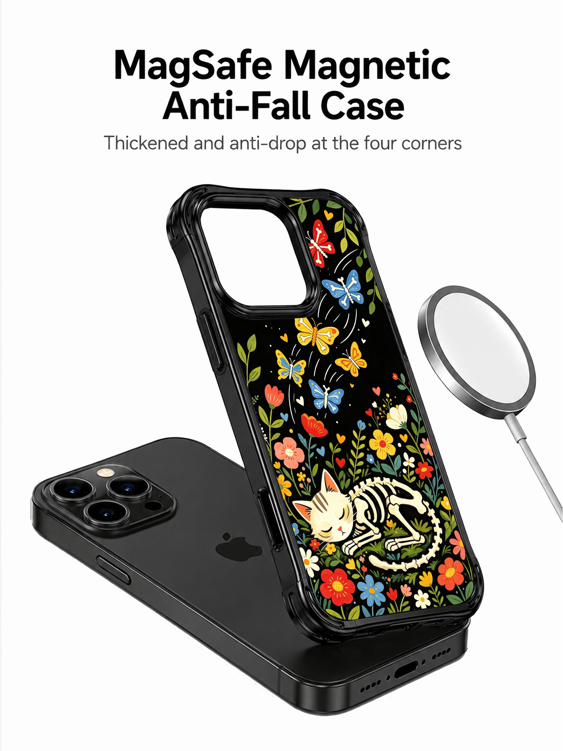 Bone flower skeleton cat design on PhoneCasing iPhone 16 pro max case, featuring a folk art cat with bone butterflies and colorful blooms.